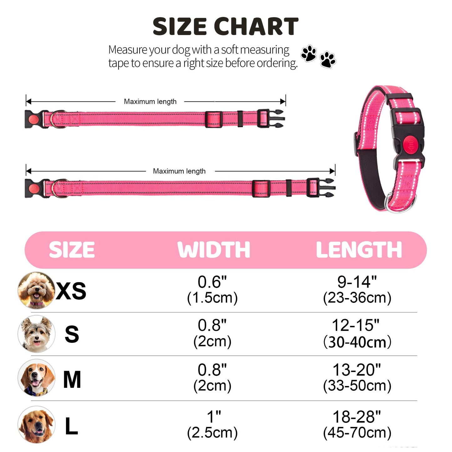 2 Pack Reflective Dog Collars for Medium Large and Small Breed Dogs Male Female,Padded Soft Durable Nylon Neoprene Collar for Puppy Dogs Girl Boy with Quick Release Safety Buckle,Pink,Blue,M