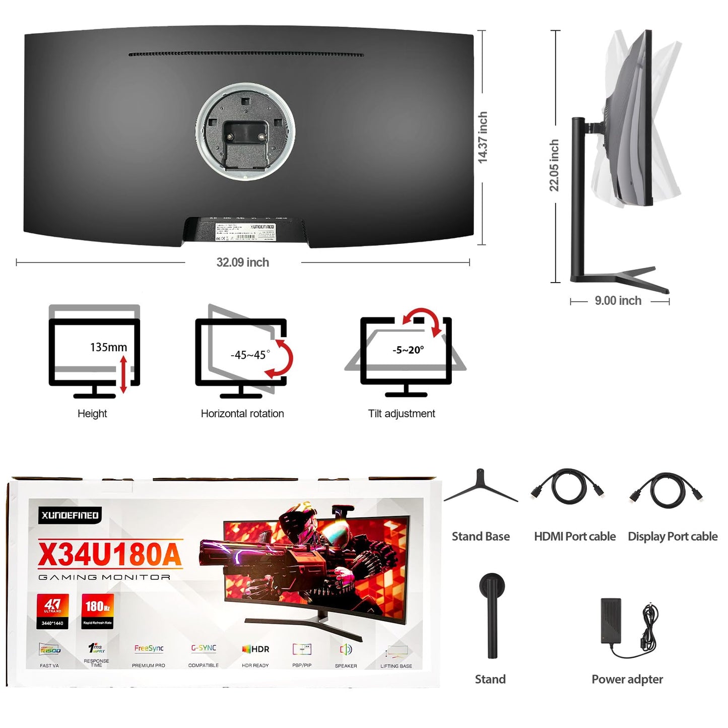 34 Inch Curved Monitor with Speaker, 180Hz UWQHD 3440x1440 Ultrawide Curved Gaming Monitor Split Screen, 4000:1 Contrast, sRGB 126%, FreeSync & G-SYNC, HDMI, DisplayPort, VESA, Height/Tilt/Swivel
