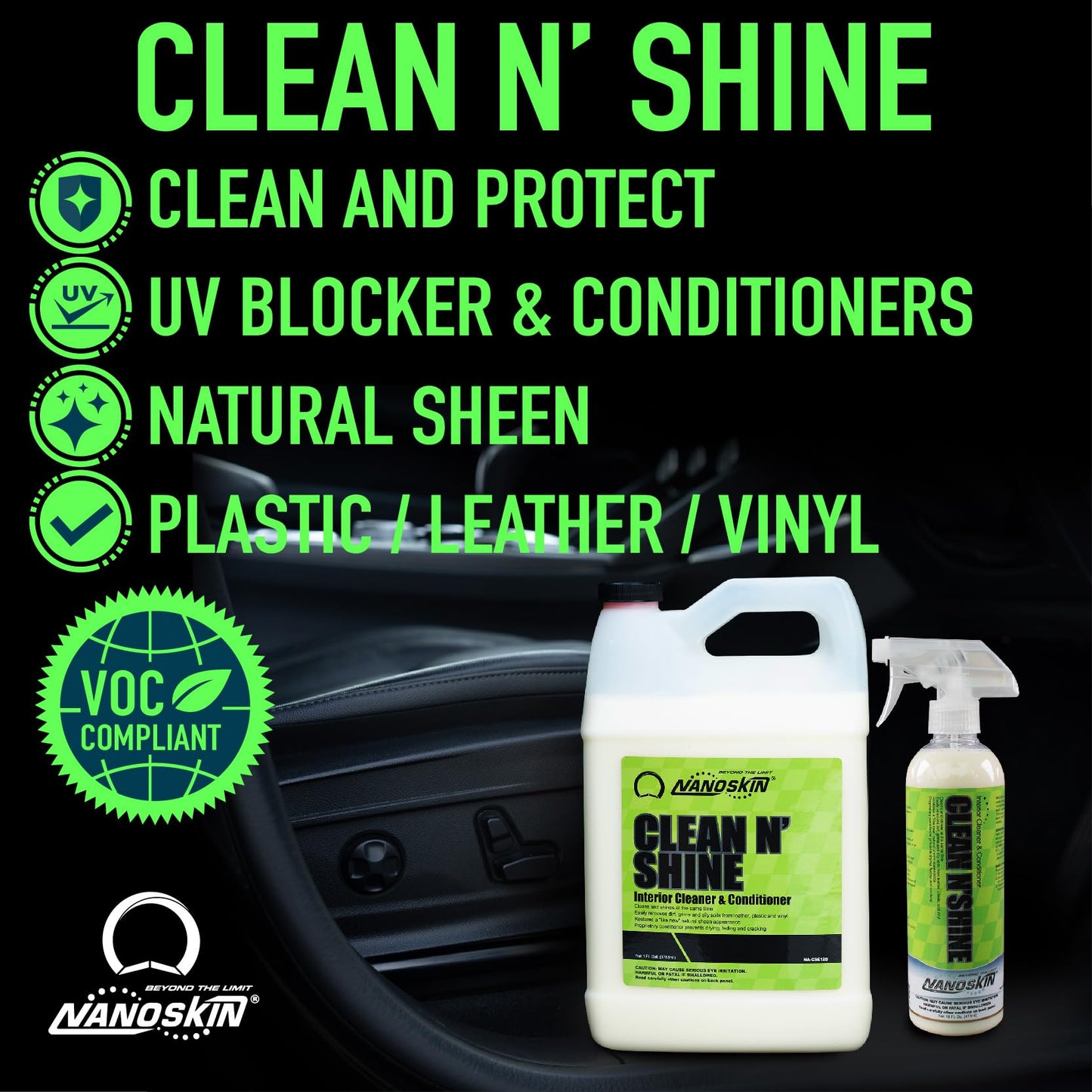 Nanoskin CLEAN N’ SHINE Interior Cleaner, Conditioner & Dressing 5 Gallons – Car Wash Interior Spray for Car Detailing | Restores Leather, Plastic & Vinyl Surfaces | For Cars, Trucks, Motorcycles, RVs