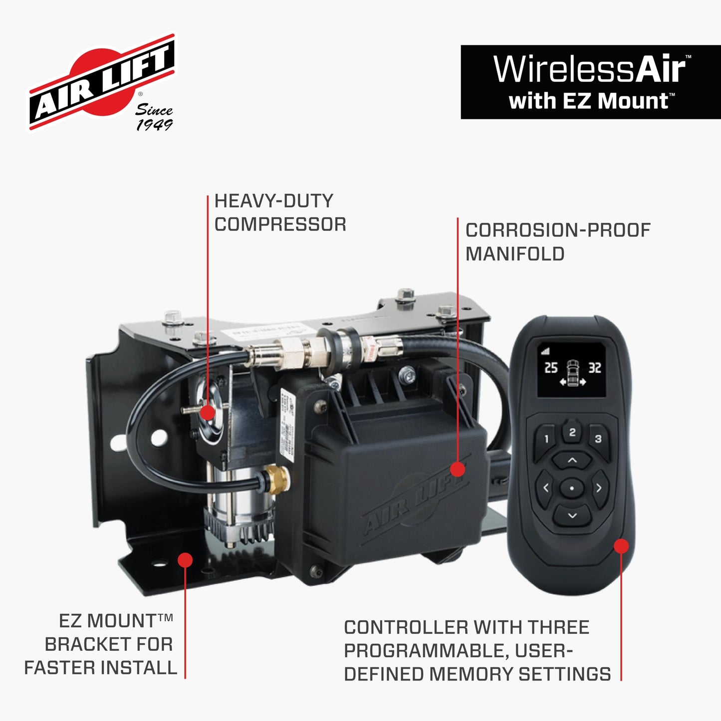Air Lift WirelessAir + EZ Mount, 2nd Generation On-Board Air Compressor with Mobile App - 74000EZ