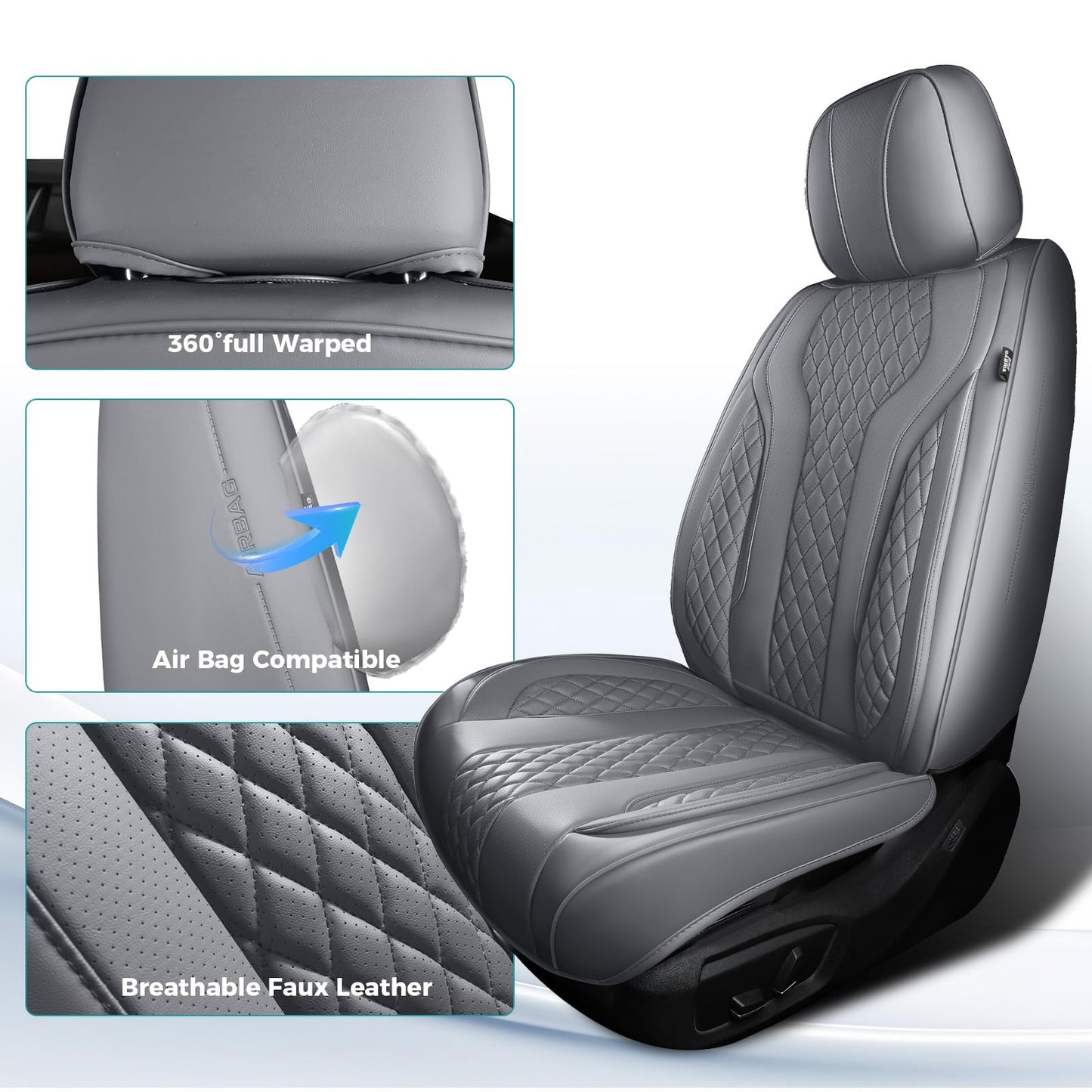 FEINEPRO Leather Car Seat Covers - Breathable Faux Leather Seat Covers Full Set for Cars SUV Sedan - Waterproof - Grey