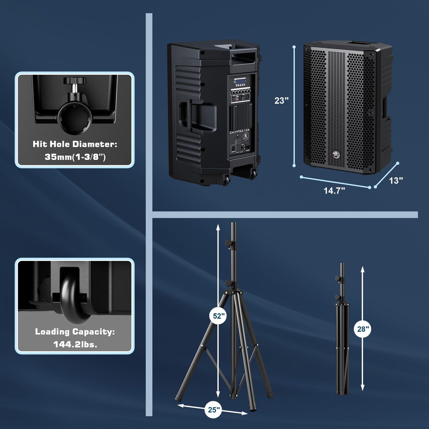CAICOUSTIC 12-inch PA Speaker System with Bluetooth – Portable Dual DJ Speakers with Stands, Full-Range Stereo Sound for Events & Performances