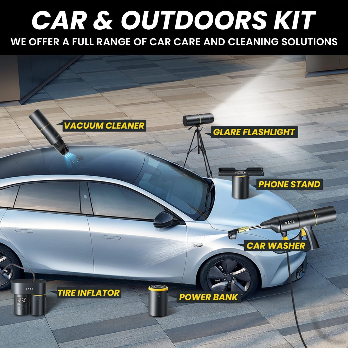 BAYU 6-in-1 Cordless Power Washer Gun Kit with Foam Bottle, Include Vacuum Cleaner 19000KPA, Car Tire Inflator, Power Bank 19200mAh, Flashlight with Lightshade, Cellphone stend (6Pcs)