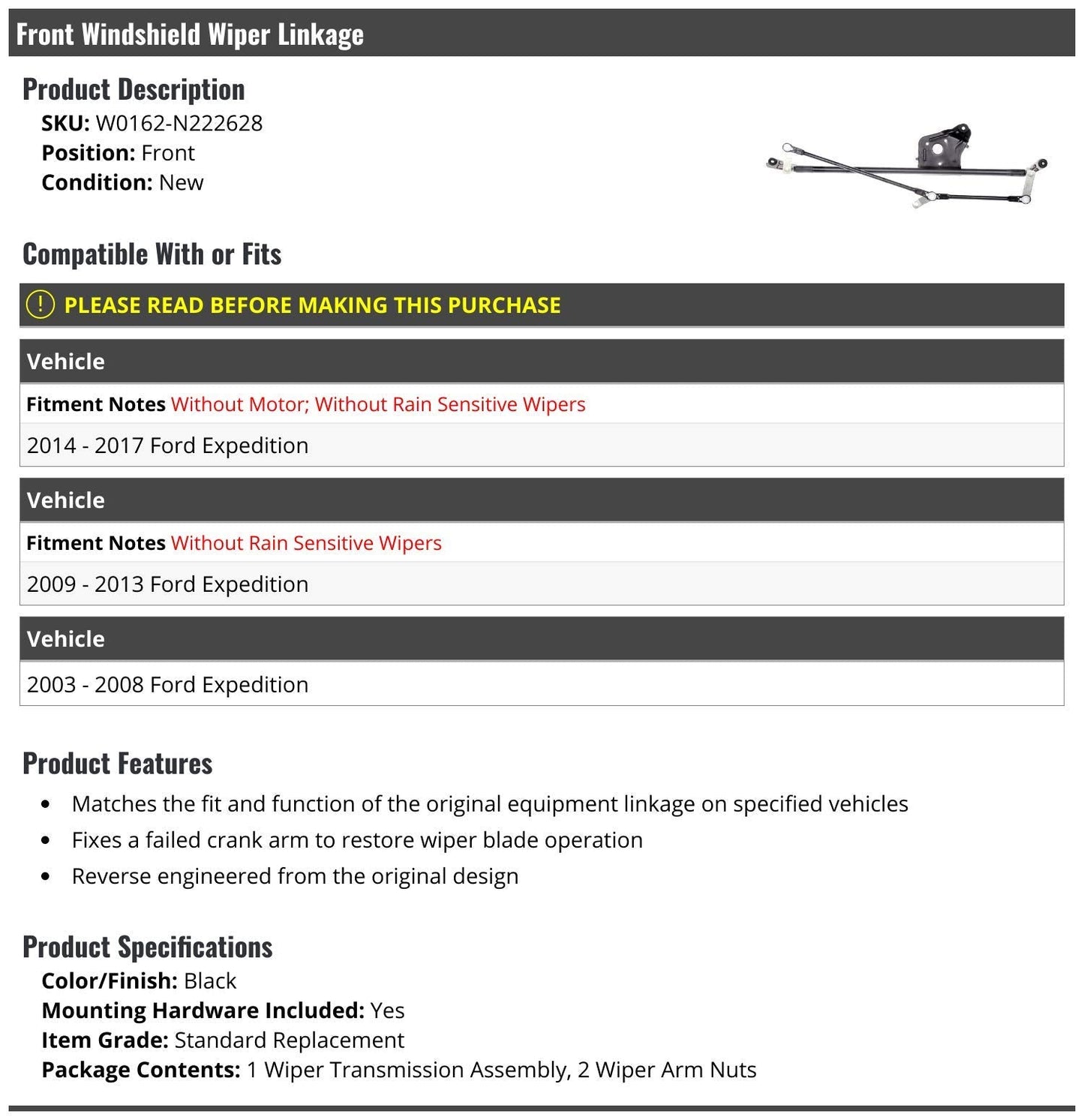 Marketplace Auto Parts Front Windshield Wiper Linkage - Compatible with 2003-2017 Ford Expedition (without Rain Sensitive Wipers)