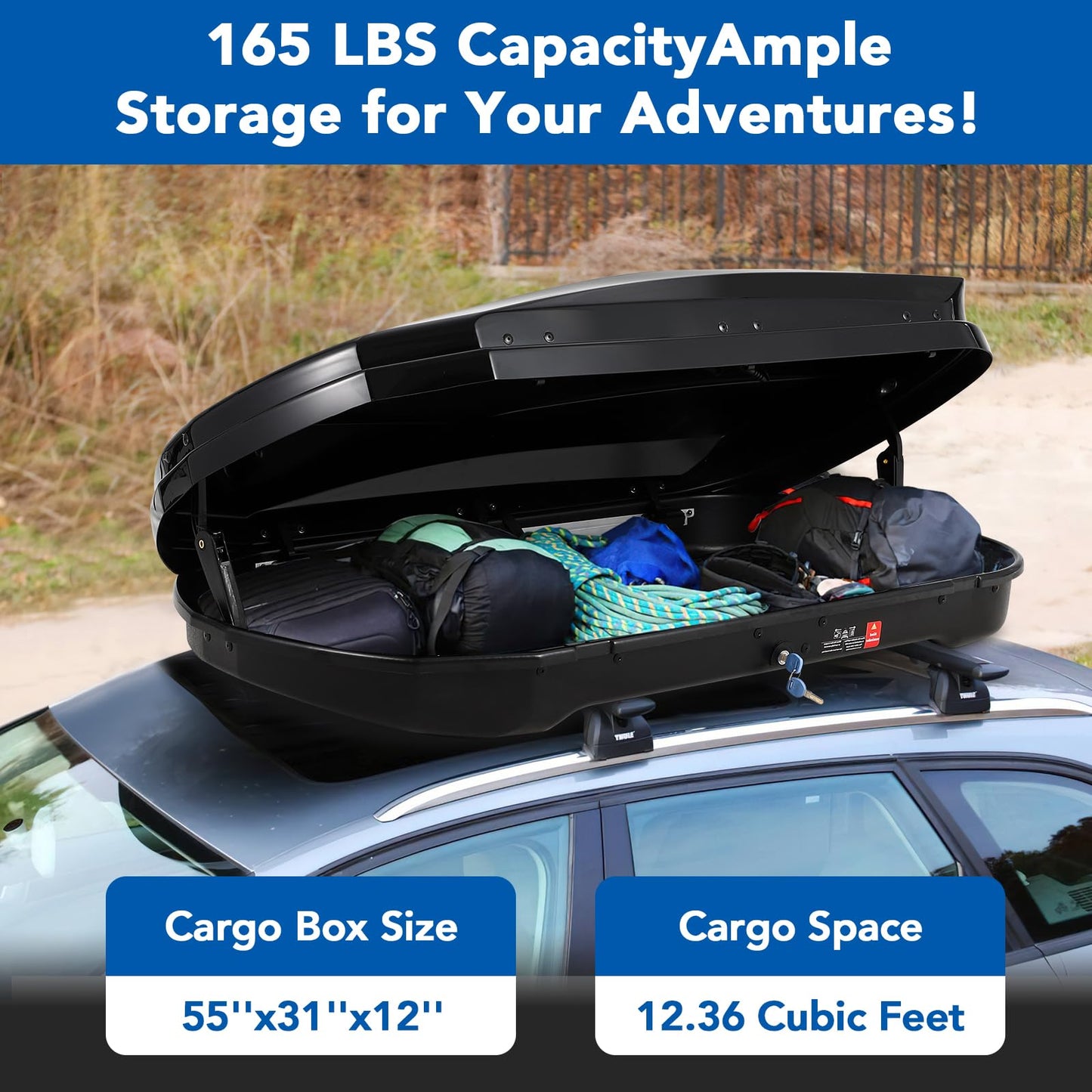 Garvee Heavy Duty Hard Shell Roof Top Cargo Carrier - 55(L) x31(W) x12(H) Waterproof Lockable Storage Box Capacity 165 Lbs 12.4 Cu Ft - Tool-Free Install- Fits SUV, Truck, Van (12.4 Cubic Ft)