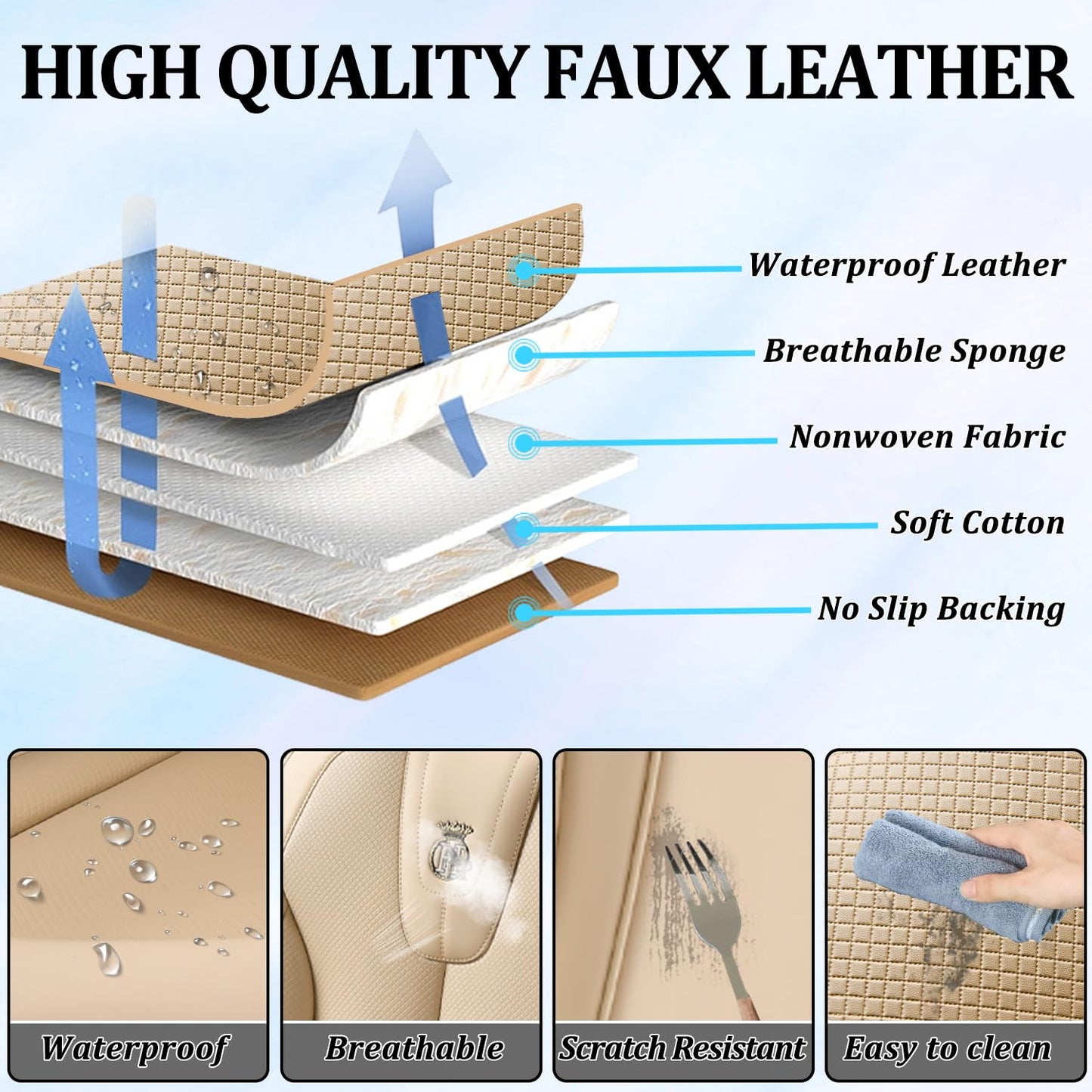 Aupaver Leather Seat Covers Full Set, Waterproof Seat Cover for Cars 5 Seats, Luxury Leatherette Car Seat Cushion, Front and Rear Protectors Automotive Seat Covers for Sedan SUV Pick-up Truck, Beige