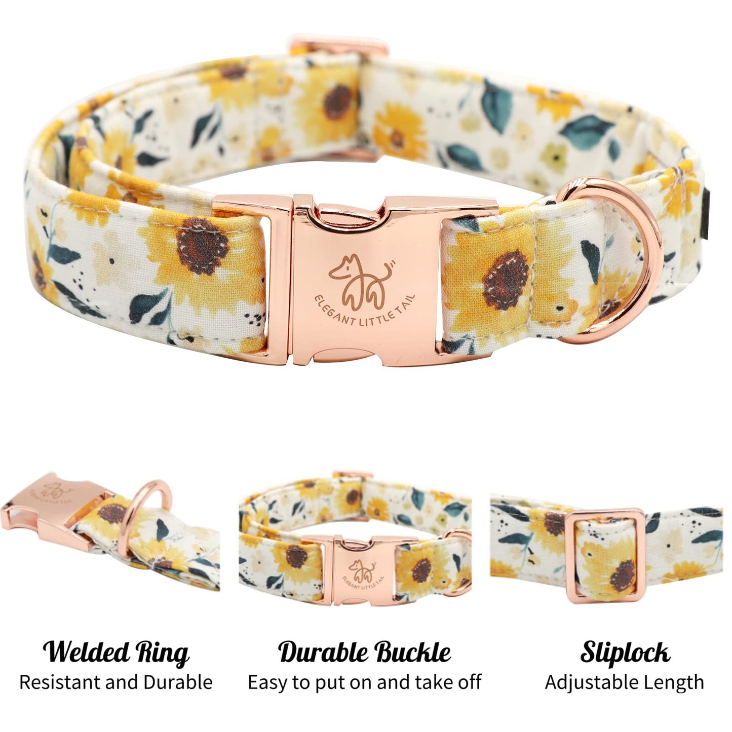 Elegant little tail Dog Collar, Sunflower Pattern Pet Collar Durable Cute Dog Collars Summer Fall Female Pet Gift Adjustable Dog Collar for Medium Dogs