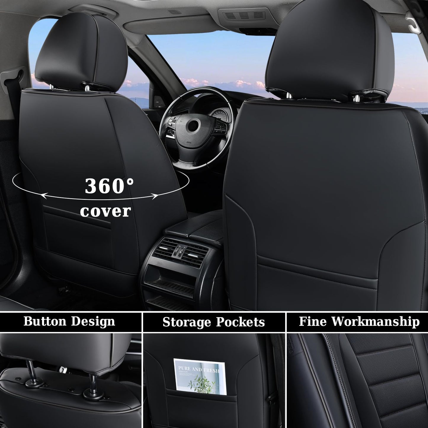 Coverado Seat Covers Full Set, Car Seat Cover Black, Seat Covers for Cars, Car Seat Protector, Nappa Leather Car Seat Cushion, Waterproof Car Seat Covers Front Seats and Back Fit for Most Cars