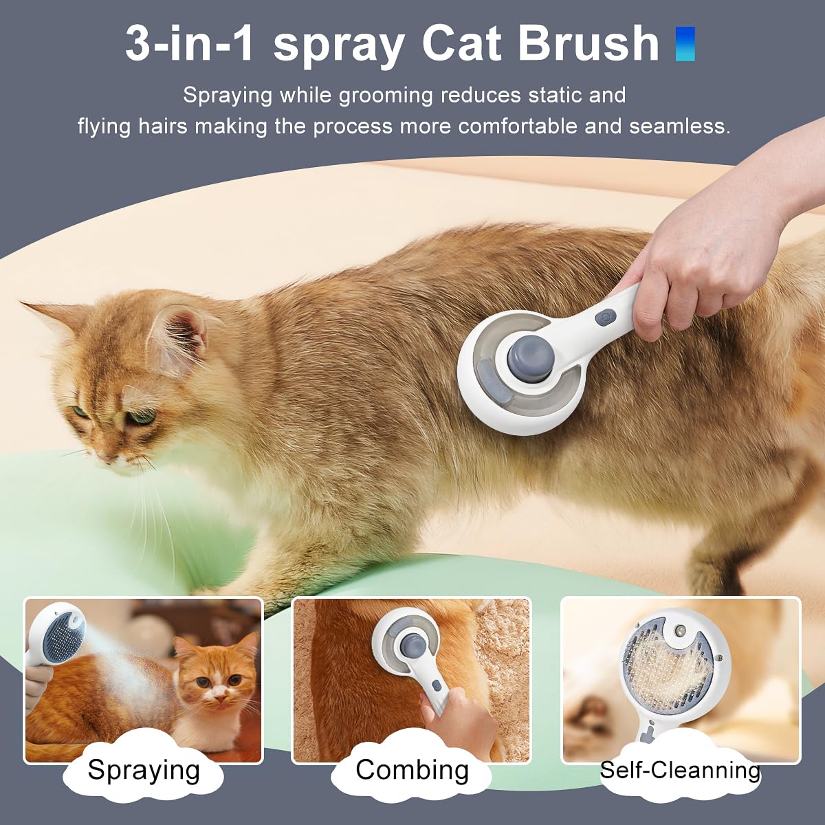 Atlamia Cat Steam Brush, 3-in-1 Self-Cleaning Pet Grooming Tool with Water Spray, Shedding & Massage Comb for Long & Short Hair Cats and Dogs