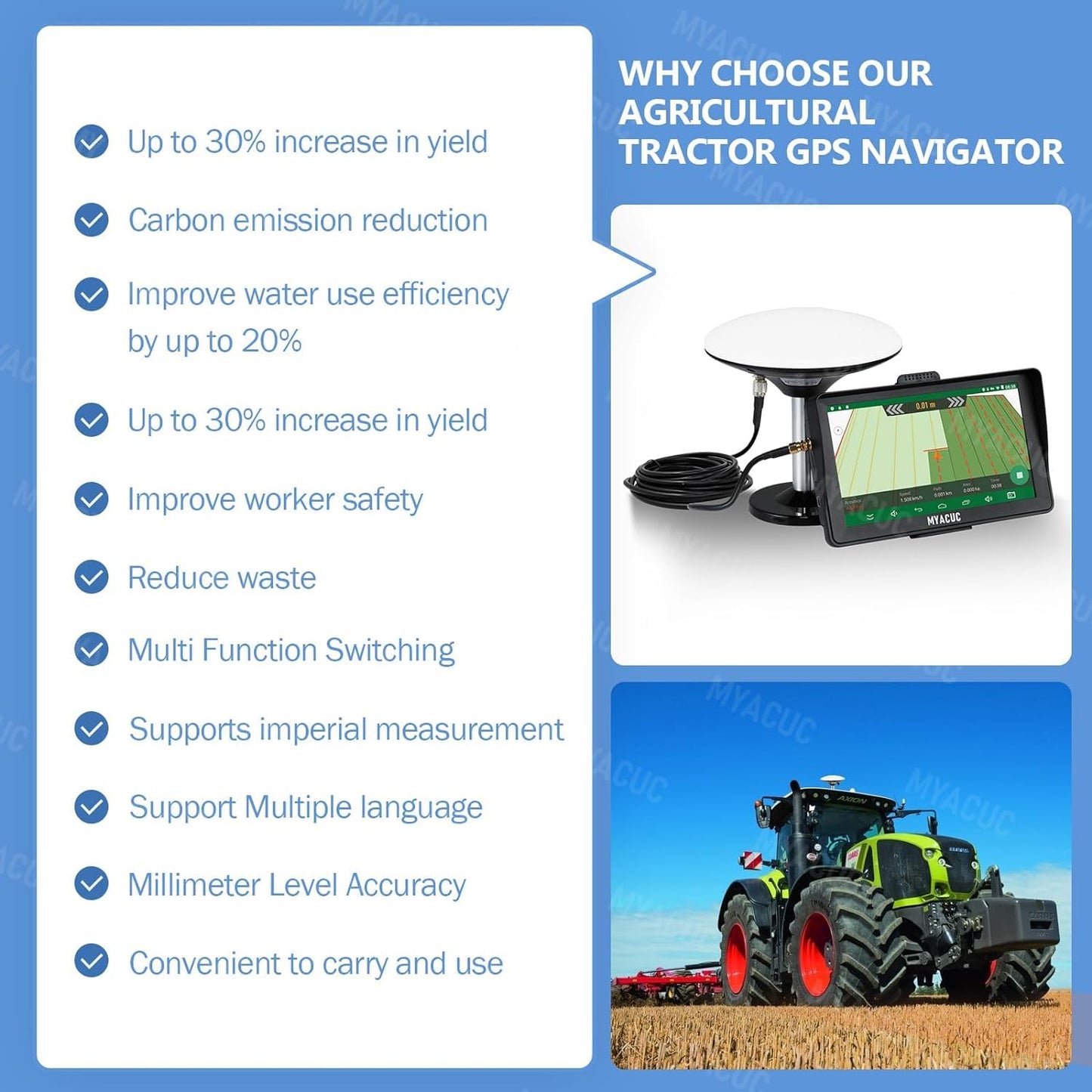 MYACUC Tractor GPS Navigator for Precision Agriculture, 7" Touch Screen GNSS Agricultural Navigator Suitable for Spraying Plowing and Sowing Automatic Positioning Farming GPS