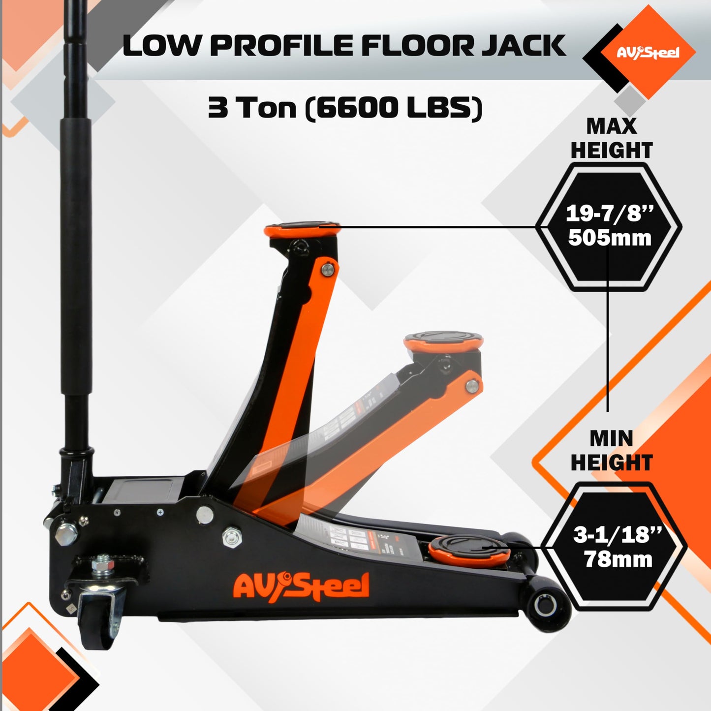 AV Steel Low Profile Floor Jack 3 Ton (6600 lbs), Heavy Duty Hydraulic Jack for Car, Heavy-Duty Floor Jack with Dual Pistons Quick Lift Pump, Car Floor Jack with Lifting Range 3-1/8'' to 19-7/8''