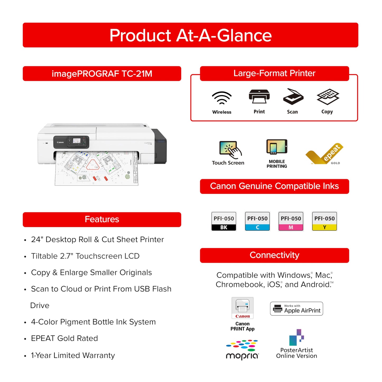 Canon imagePROGRAF TC-21M – Multifunction Printer| 24" Large Format Poster & Plotter Printer - Automatic Roll & Cut Sheet Paper Feeder, USB, Wi-Fi, LAN,White