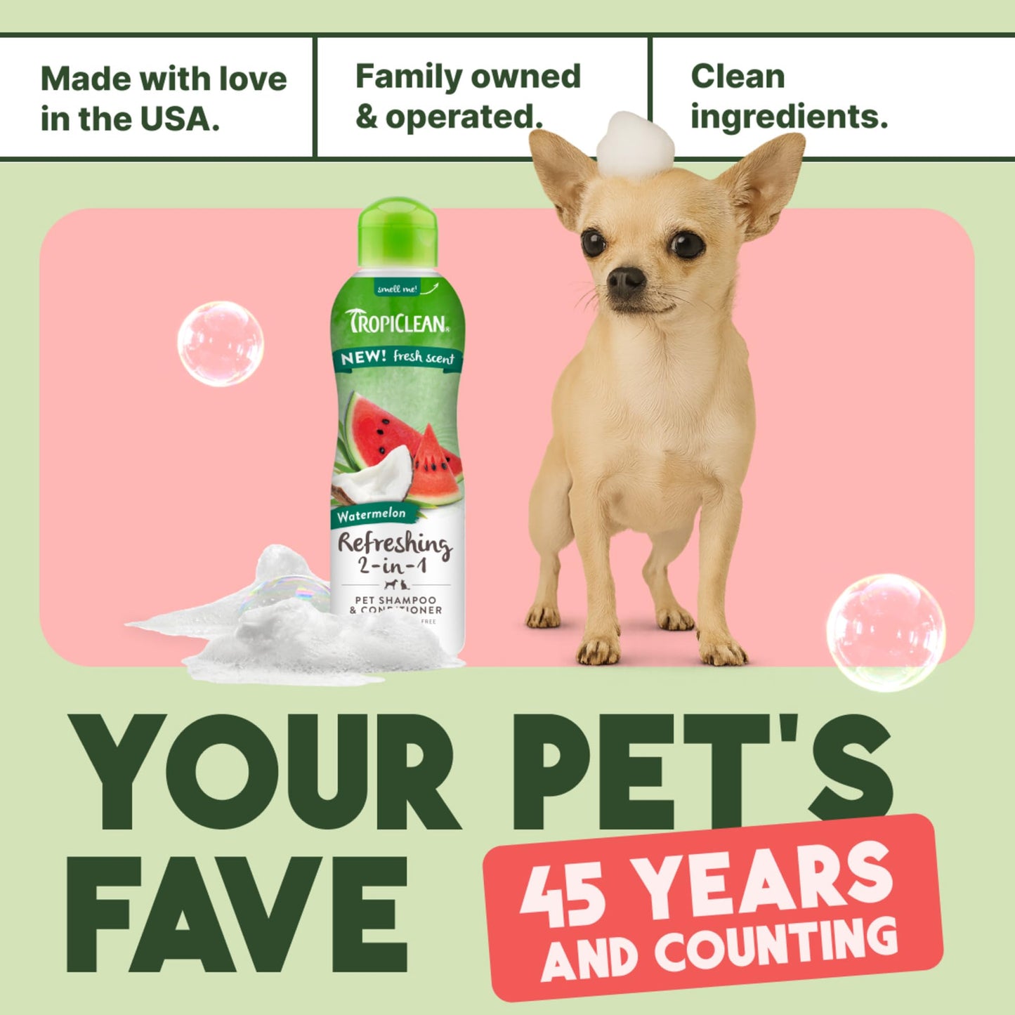TropiClean Watermelon Refreshing 2-in-1 Cat & Dog Shampoo and Conditioner | Cat & Dog Bath Supplies | 20 oz | Made in The USA