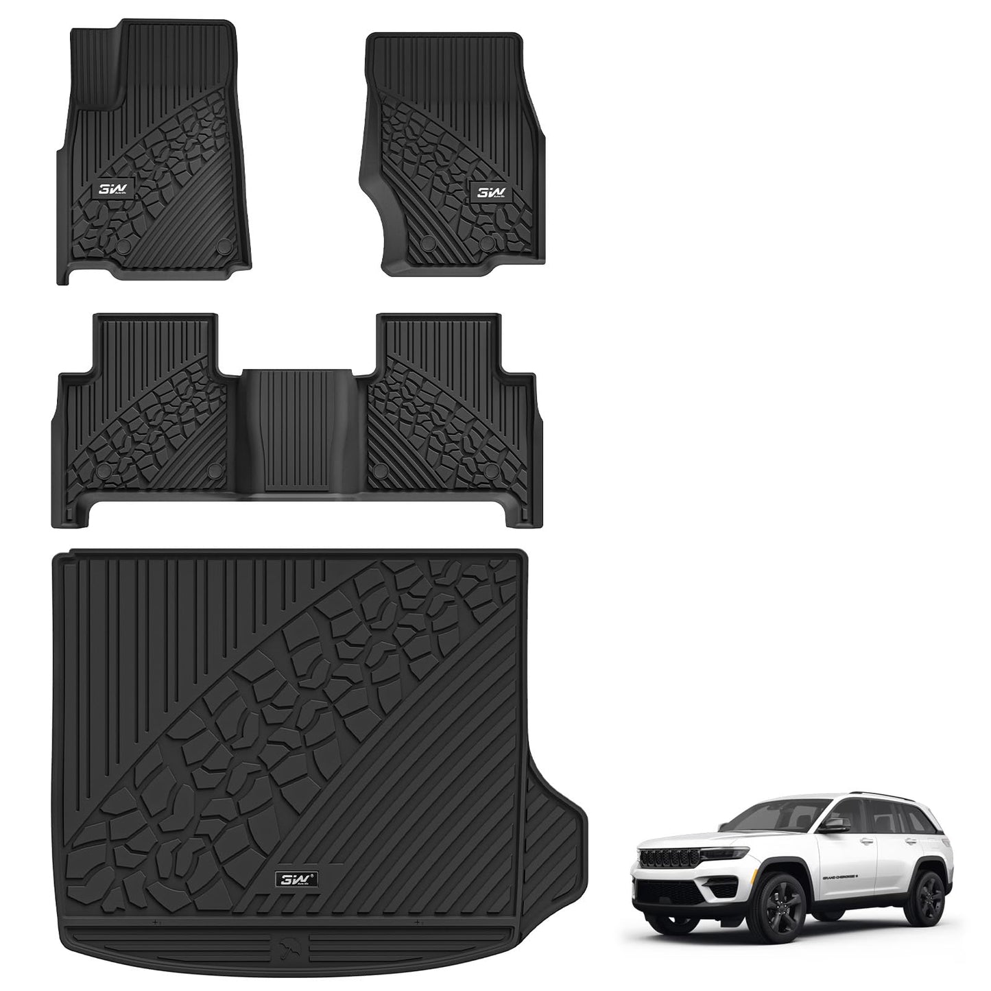 3W Floor Mats & Cargo Liner Fit for Jeep Grand Cherokee (Include 4xe Not L or WK) 2025 2024-2022,TPE All Weather Custom Fit Floor Liners for 1st 2nd Rows and Trunk Full Set Car Mats, Black