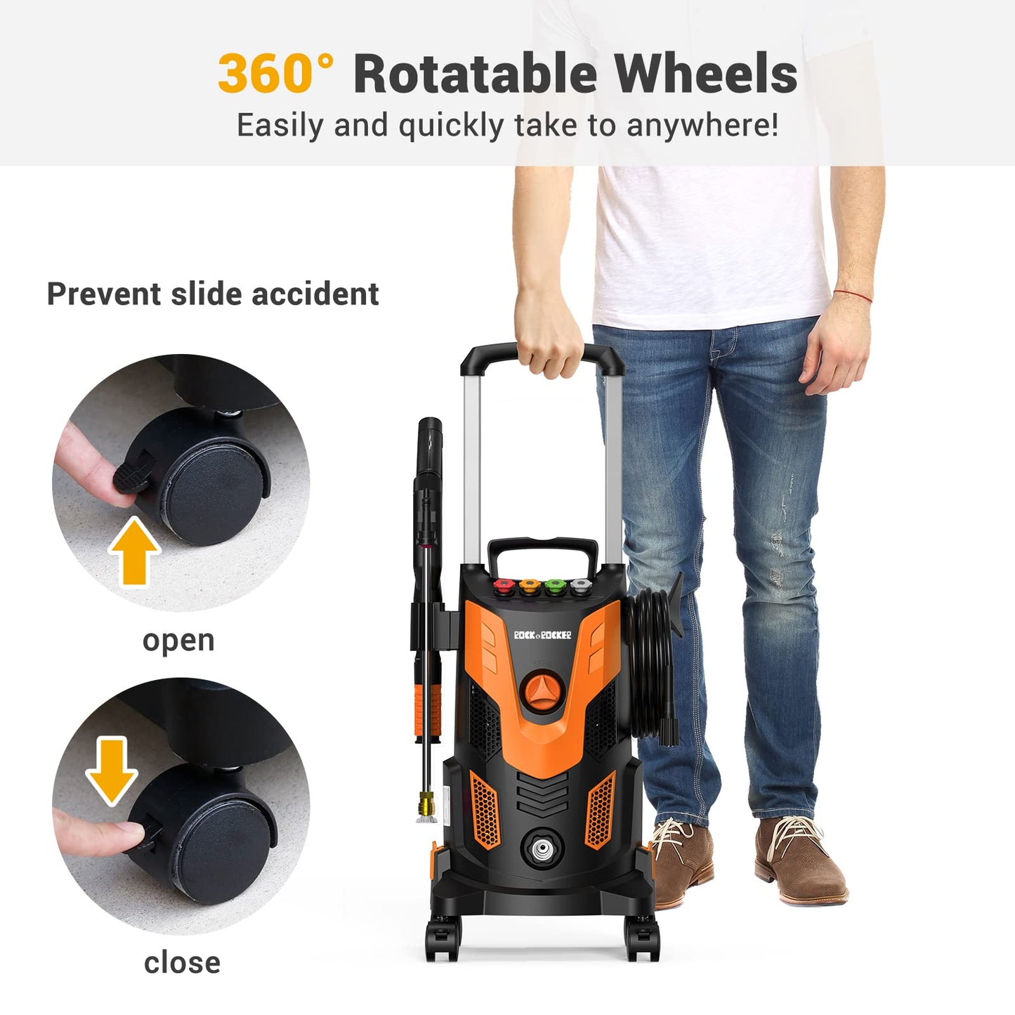 (2023 New) Rock&Rocker Upgraded 1750PSI Pressure Washer, 2.5GPM Portable Electric Power Washer with 360° Spinner Wheels, 4 Quick Connect Nozzles Foam Cannon for Car/Patio/Deck/Home Cleaning