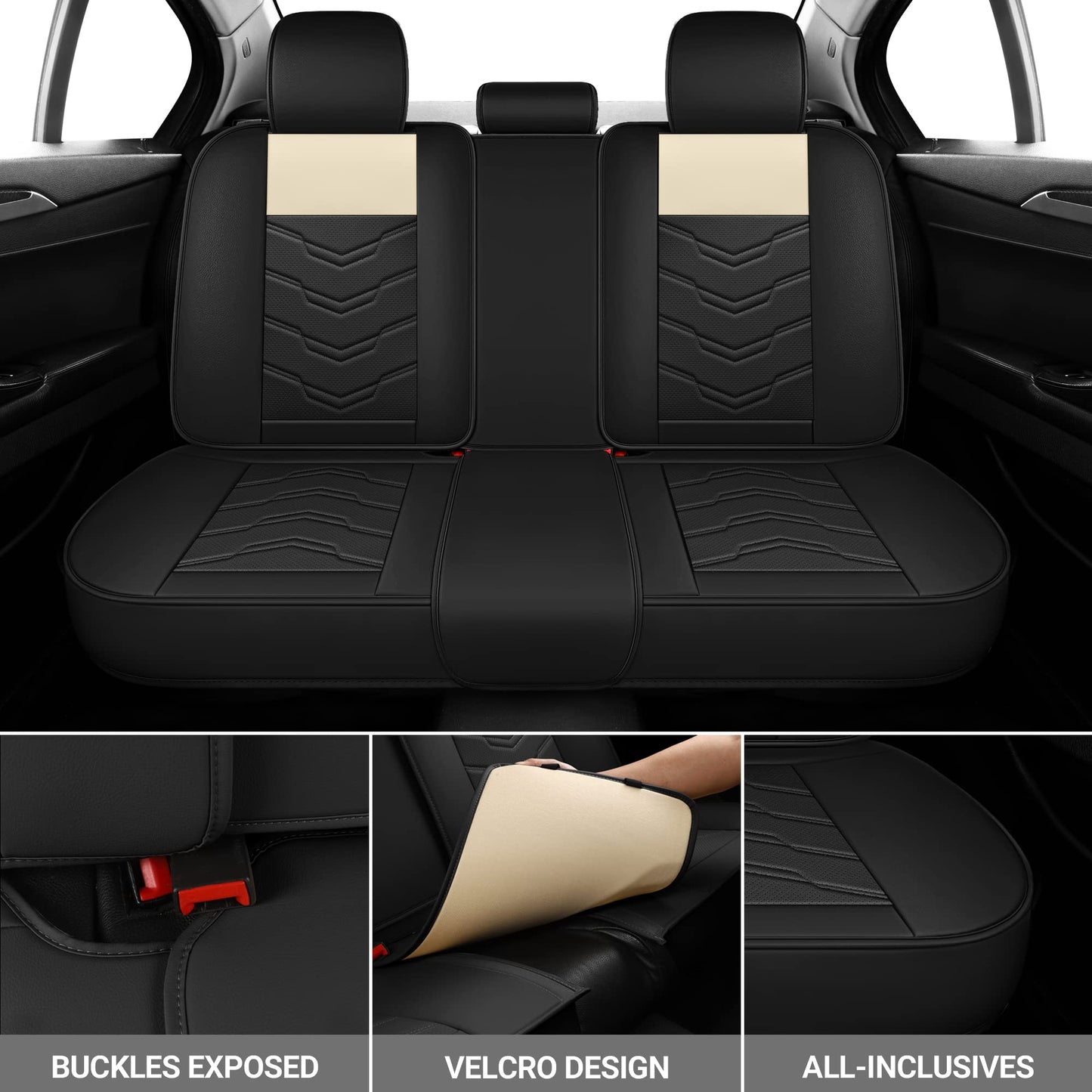AOOG Leather Car Seat Covers 5 PCS Full Set, Breathable Faux Leatherette Automotive Seat Covers, Non-Slip Interior Covers Waterproof for Most Sedans SUV Trucks,Airbag Compatible,Beige&Black