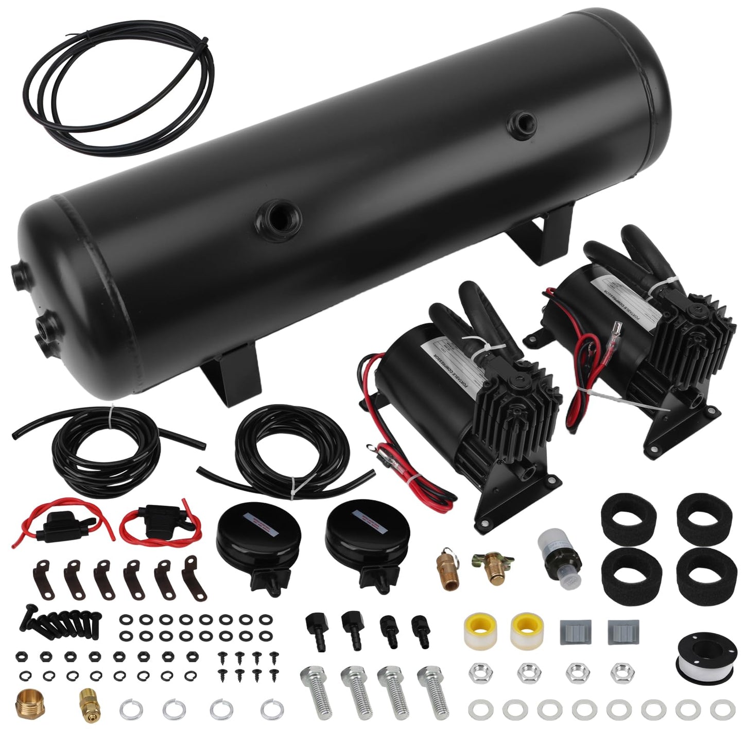 3 Gallon 6 Ports Compressed air Storage Tank 150PSI Air Compressor for Suspension/Air Ride/Bag/Car/Train/Truck Horn Aluminum 12 Liter Onboard System Air Suspension Compressor Kit (2PCS)