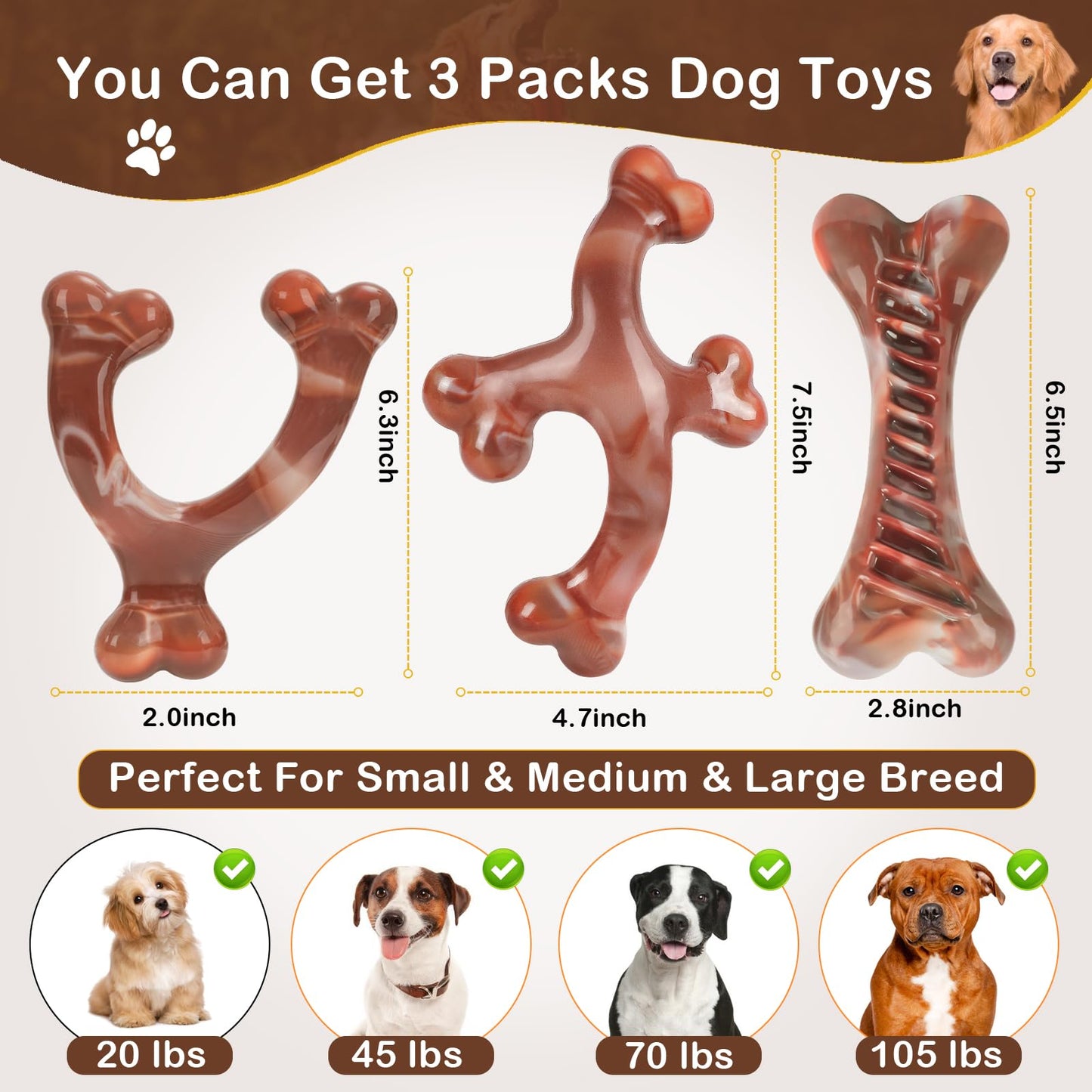NOUGAT Indestructible Dog Toys - 3 Pack Tough Nylon Bacon Flavor Chew Toys for Large, Medium & Small Breeds