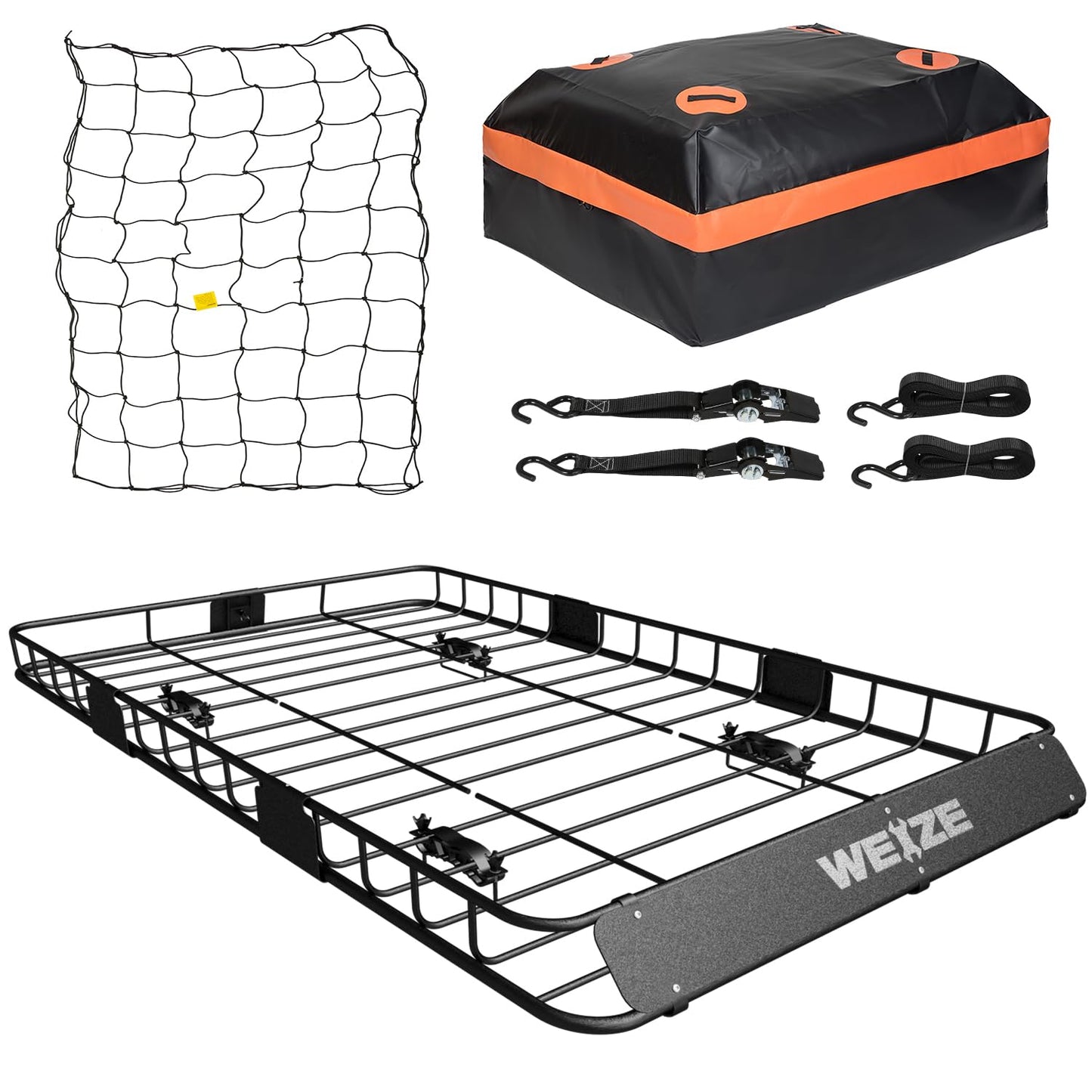 WEIZE 54" x 34" Heavy Duty Roof Rack, Rooftop Cargo Carrier Basket with Waterproof Bag, Tie Down Strap, Net, Rack Extension and Car Top Luggage Holder for SUV, 200lb Capacity, Steel Construction