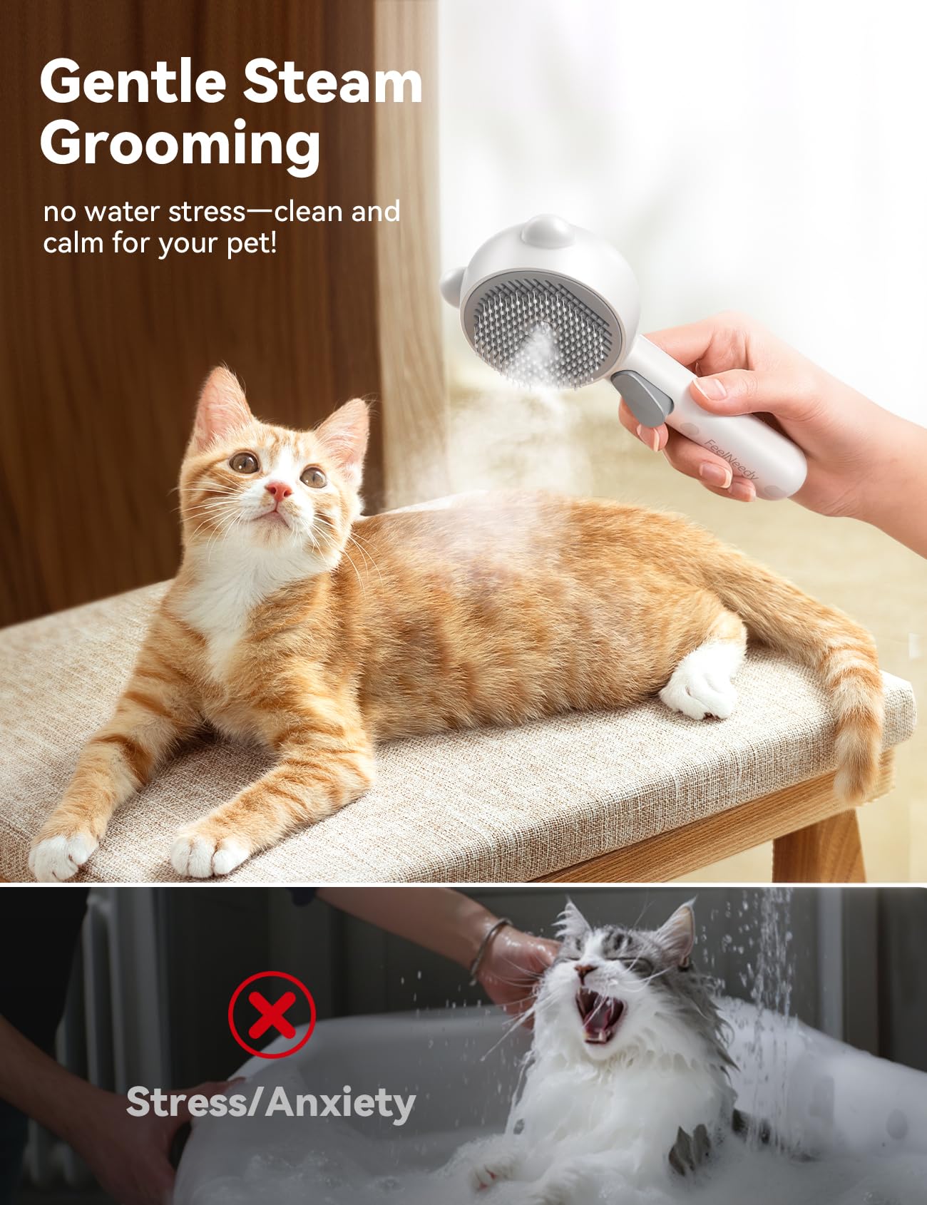 Cat Steam Brush, Brushes for Indoor Cats with Release Button, Dual Speed Spray USB Rechargeable Grooming Supplies, Cat Brush for Shedding Suitable for All Long-haired and Short-haired Pets