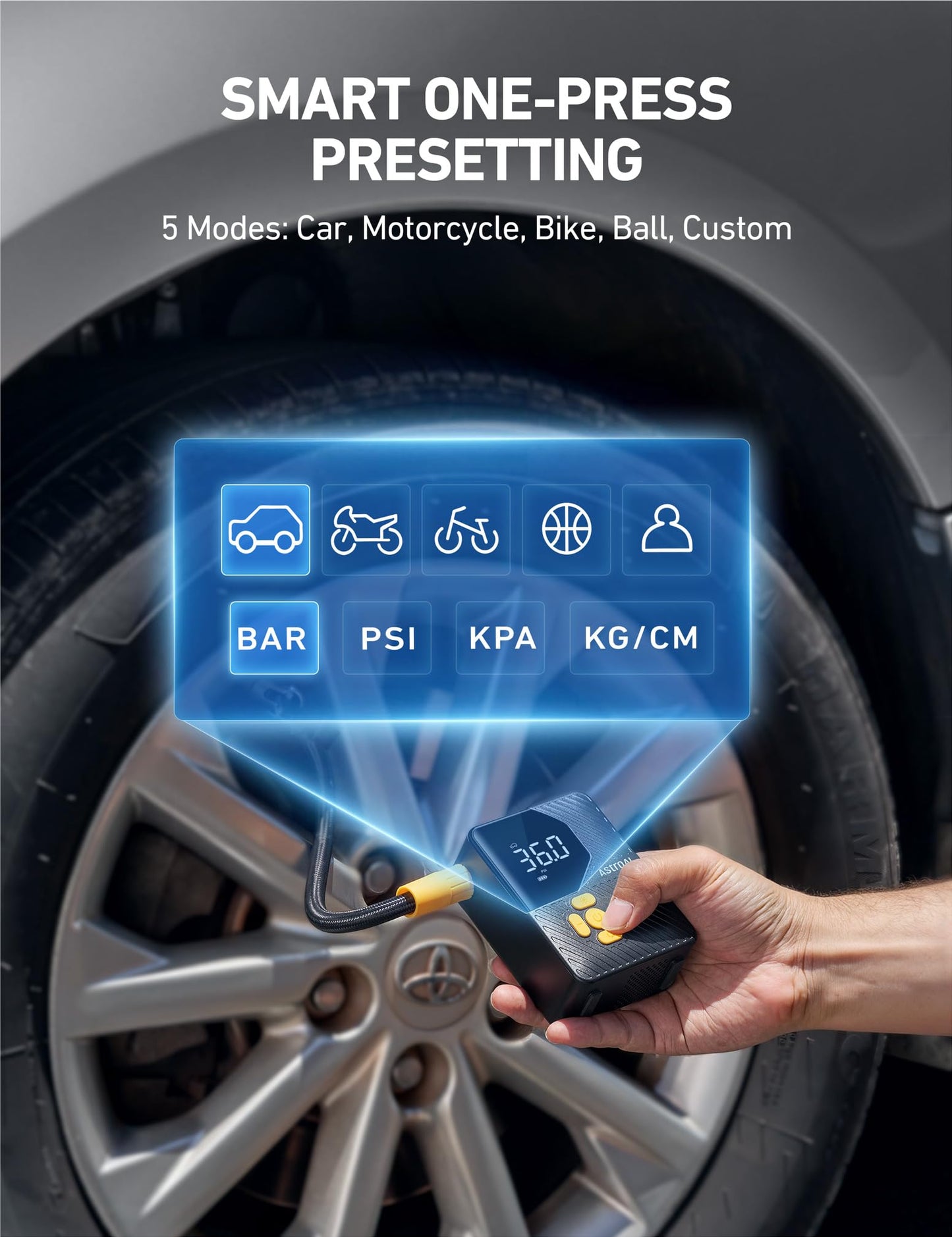 AstroAI L7 Mini Tire Inflator Portable Air Compressor,150 PSI Cordless Car Tires Air Pump with LED Lights&Pressure Gauge,Auto Shut-Off - Tire Pump for Auto,Motorcycle, Bicycle, Ball Yellow