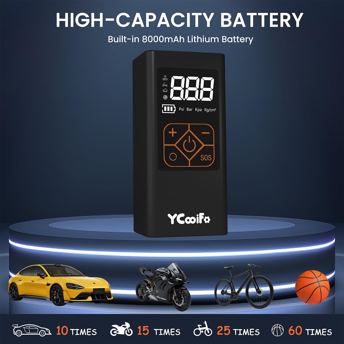 YCooiFo 150 PSI Tire Inflator Portable Air Compressor, 8000mAh Battery Auto Shut-Off Air Pump, 6X Inflator Portable Tire Inflator for Car, Bicycle, Motor, Ball
