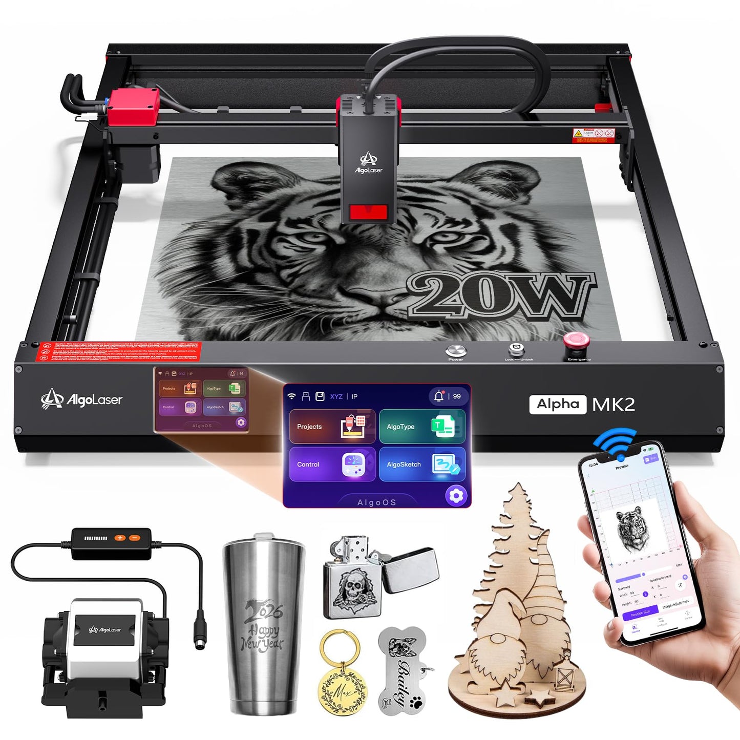 Algolaser 20W Laser Engraver Machine - Laser Cutter/Engraver with Air Assist Kit - Laser Engraving Machine with 3.5" Smart Touchscreen & 2.0 AlgoOS System, Laser Engraver for Wood,Metal,Glass