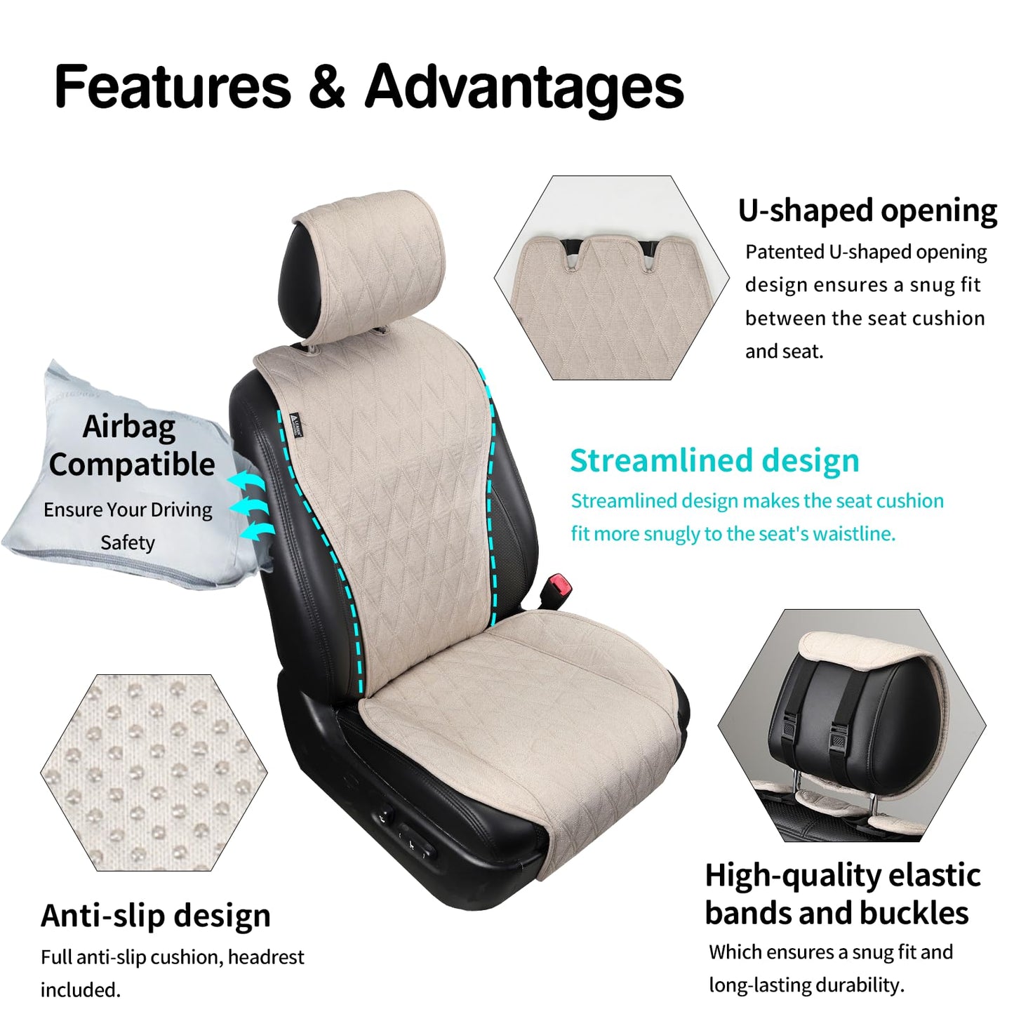 2pcs Sideless Car Seat Covers for All Seasons - Breathable Front Seats Cushions Non-Slip Bottom with Headrest Protectors - Universal Carseat Cover Fits for Most Vehicles Cars Van SUV Truck Beige