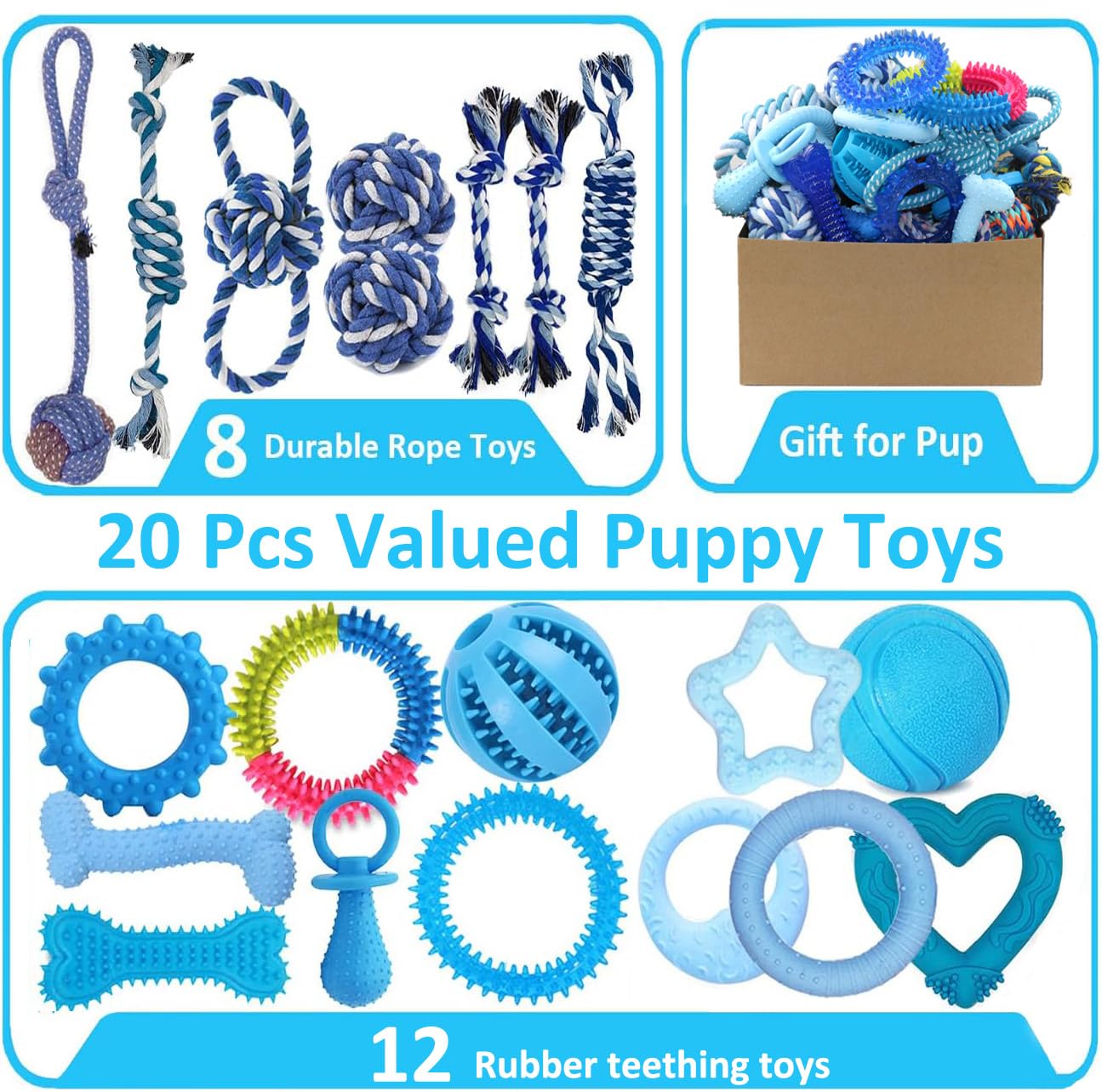 Beiker 20 Pack Puppy Chew Toys - Blue Dog Teething Toys for Puppies, Puppy Teething Rings and Ropes, Blue Rubber Toy Bundle for Small Dogs, Cute Interactive Dog Balls for Small Breed