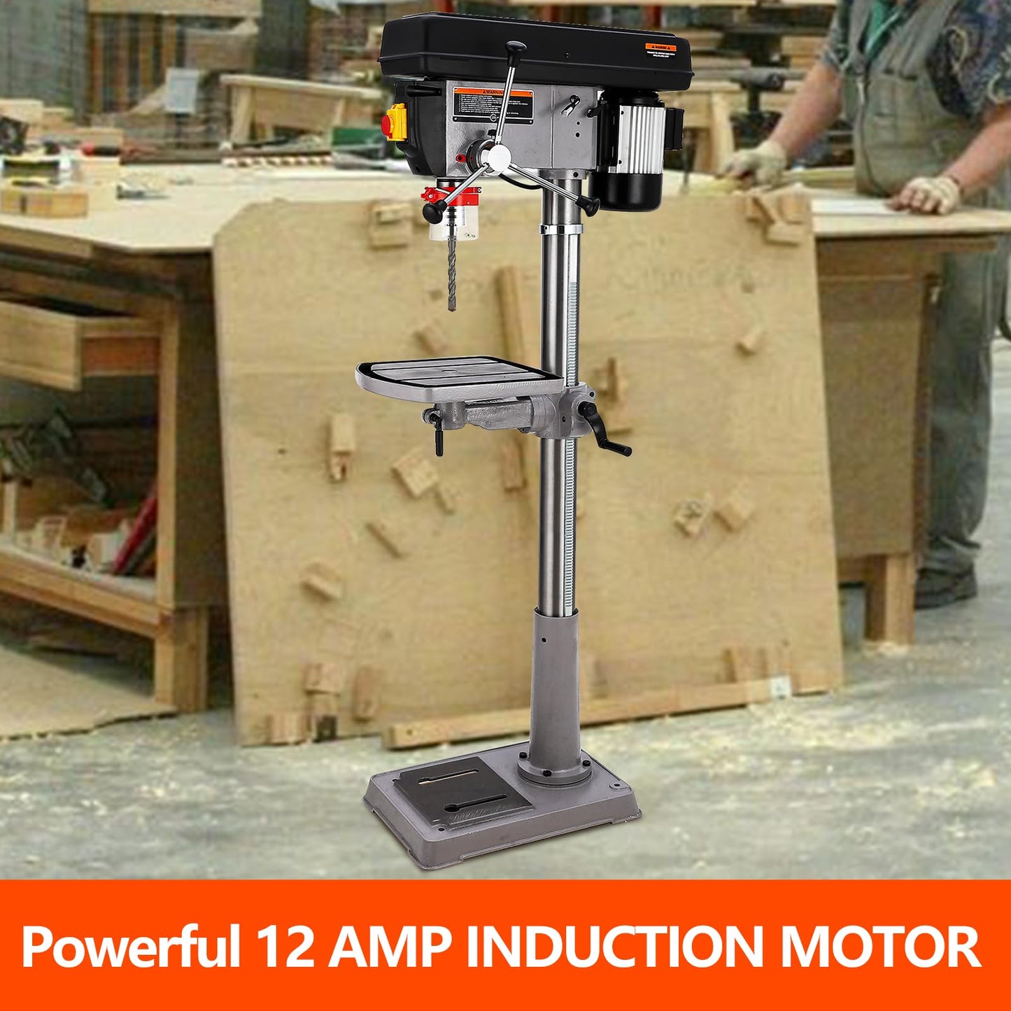 17 in Floor Drill Press, 12 Amp 120V Pure Copper Motor, 200-3630 RPM 16 Variable Speed Cast Iron Bench Drill Press, 0-45° Tilting Worktable, Tabletop Drilling Machine for Wood Metal
