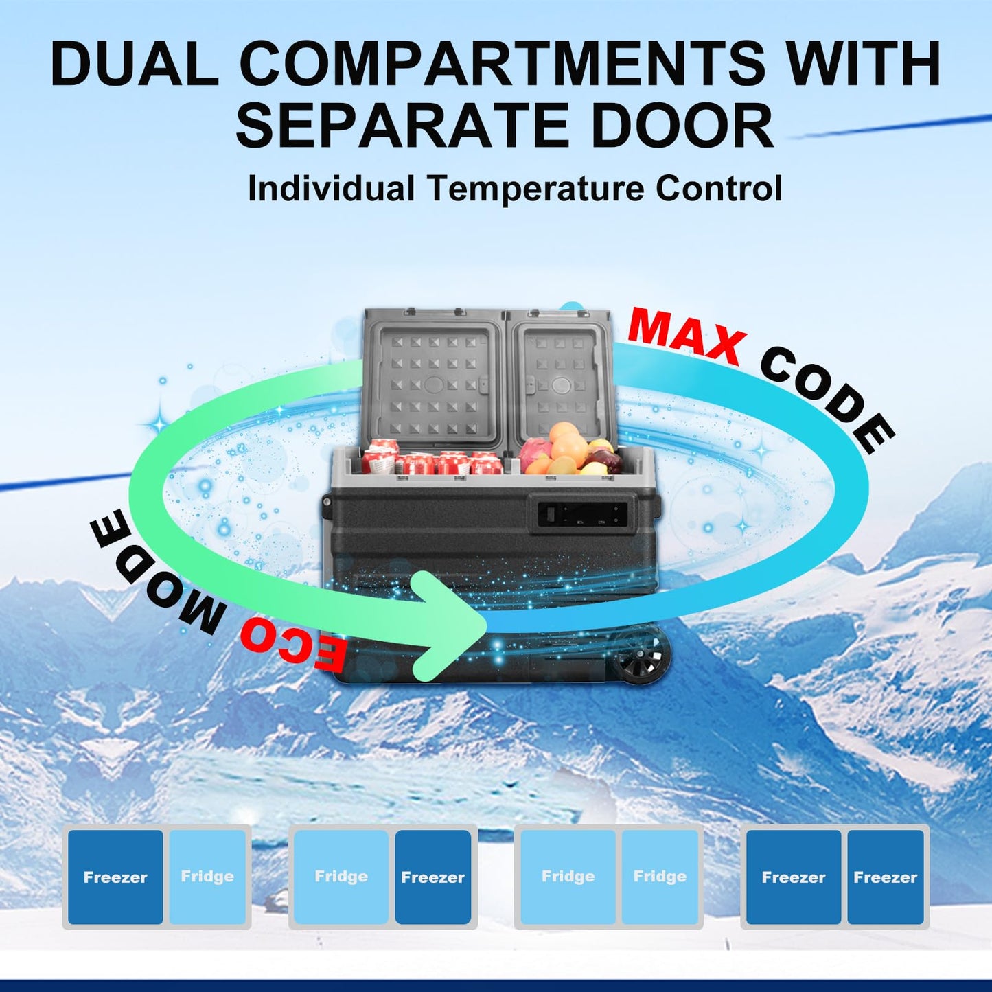 Alpicool UD65 Portable Wheeled Car Freezer with Dual Compartments,12 Volt Car Refrigerator, 60 Quart Fast Cooling Fridge, with 12/24V DC and 100-240V AC for Outdoor, Camping, RV, Truck