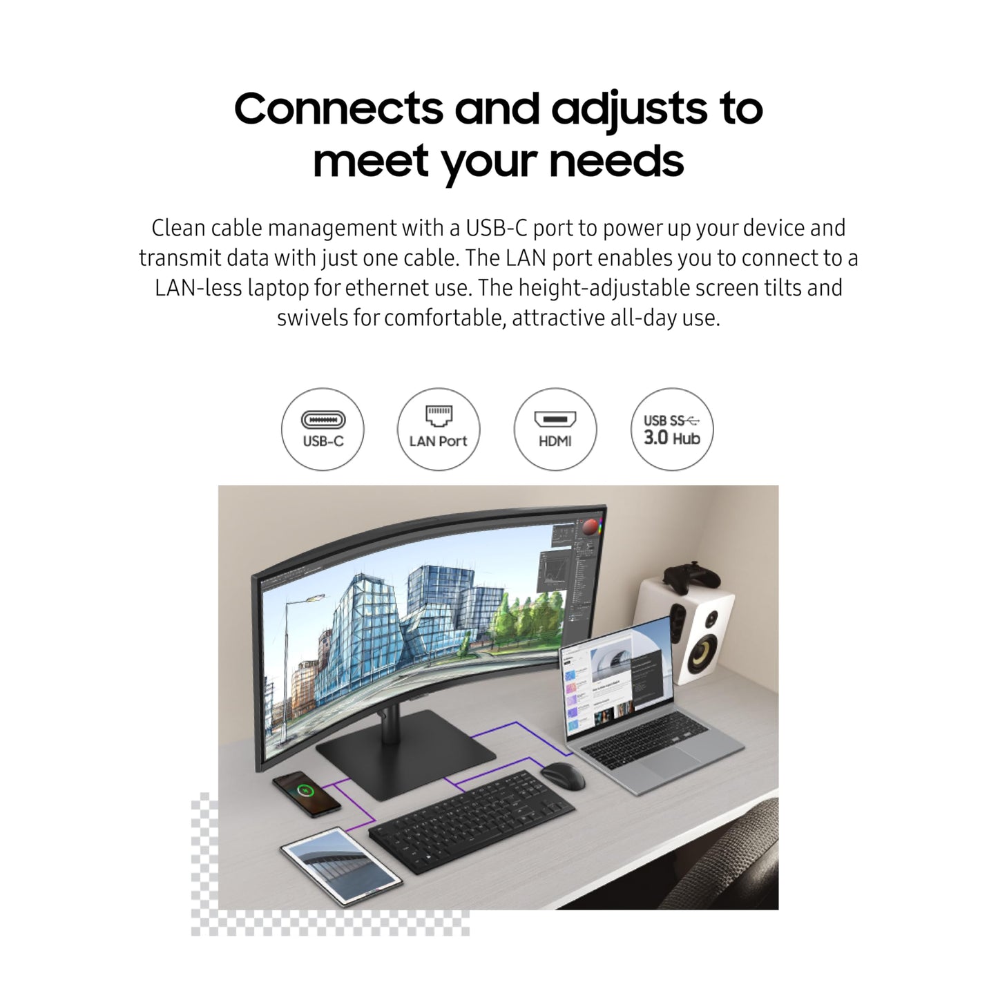 SAMSUNG 34-Inch ViewFinity S65VC Series Ultra-WQHD Curved Computer Monitor, 100Hz, AMD FreeSync, HDR10, USB-C, Built-in Speaker, Camera, KVM Switch, Eye Care, Eco-Packaging, LS34C650VANXGO, Black