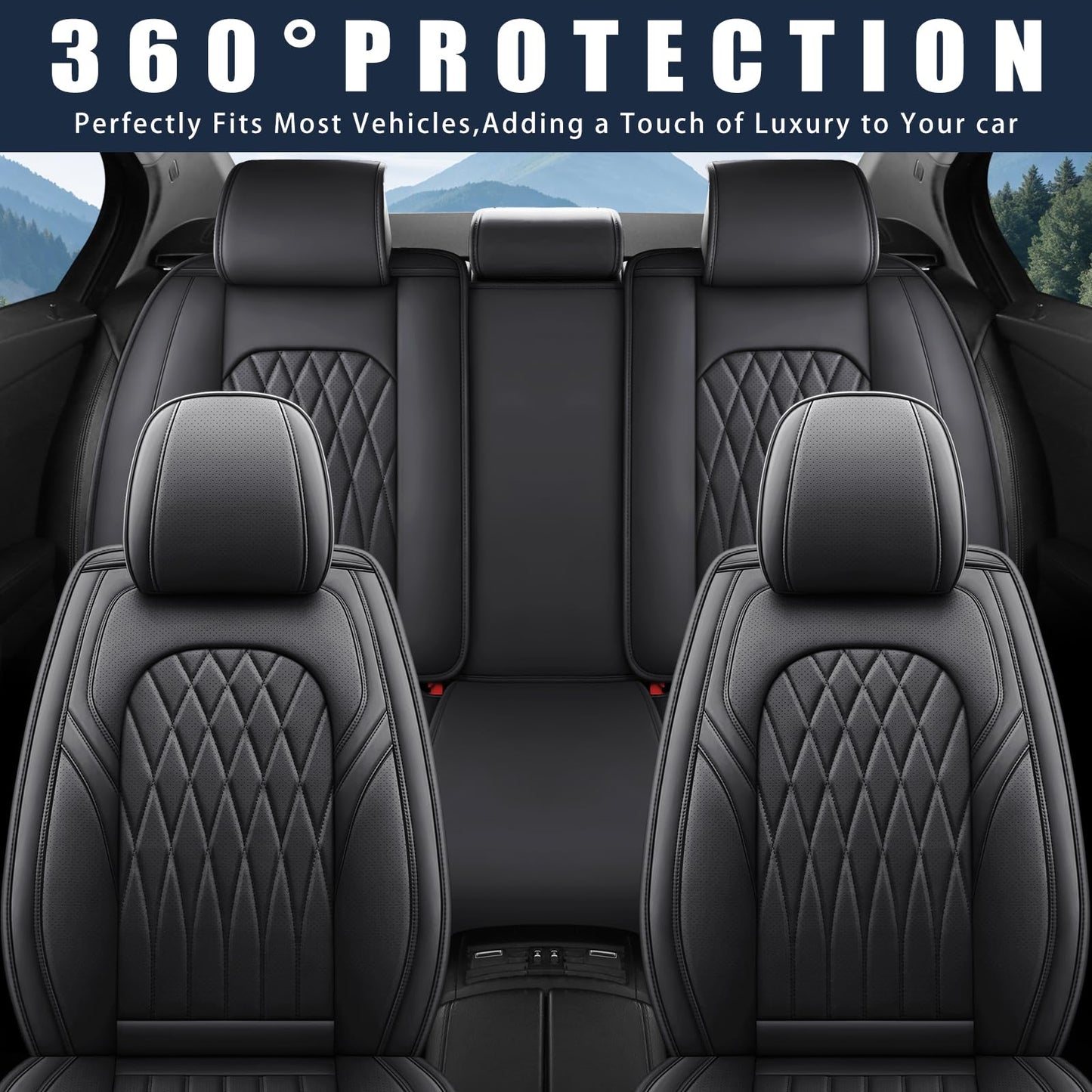 WELLDO Car Seat Covers Full Set, Leather Seat Covers for Cars, Car Seat Protector Waterproof, Non-Slip Car Interior Covers Full Set Universal Automotive Seat Covers for Most Cars SUVs, Black
