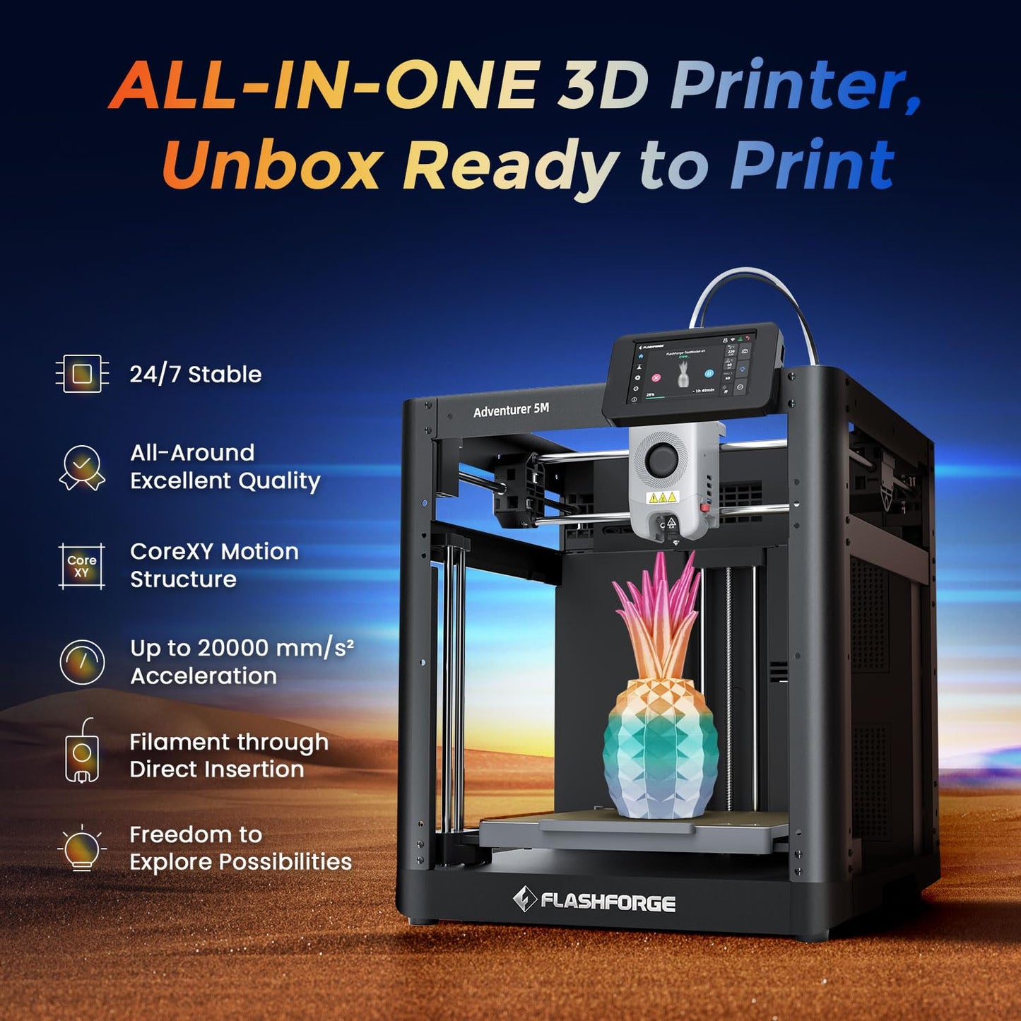 FLASHFORGE 3D Printer AD5M, 1-Click Full-Auto Calibration 600mm/s Fast Printing, CoreXY High-Speed Precision with Every Layer, 3S Quick-Swap Nozzle, Customizable Enclosure, Build Volume 220*220*220mm