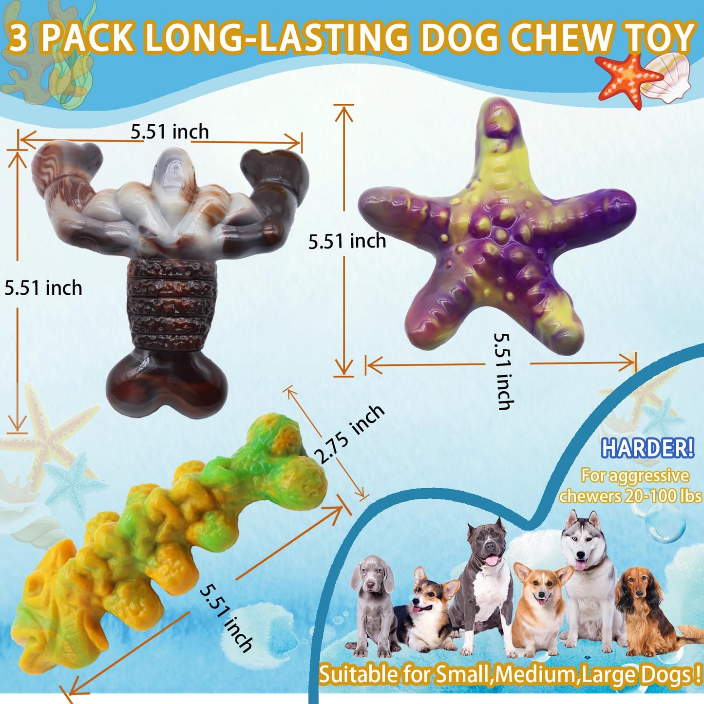Dog Chew Toys for Aggressive Chewers,3 Pack Tough Dog Bone Toys to Keep Them Busy, Indestructible Pet Toy for for Medium/Large Breed