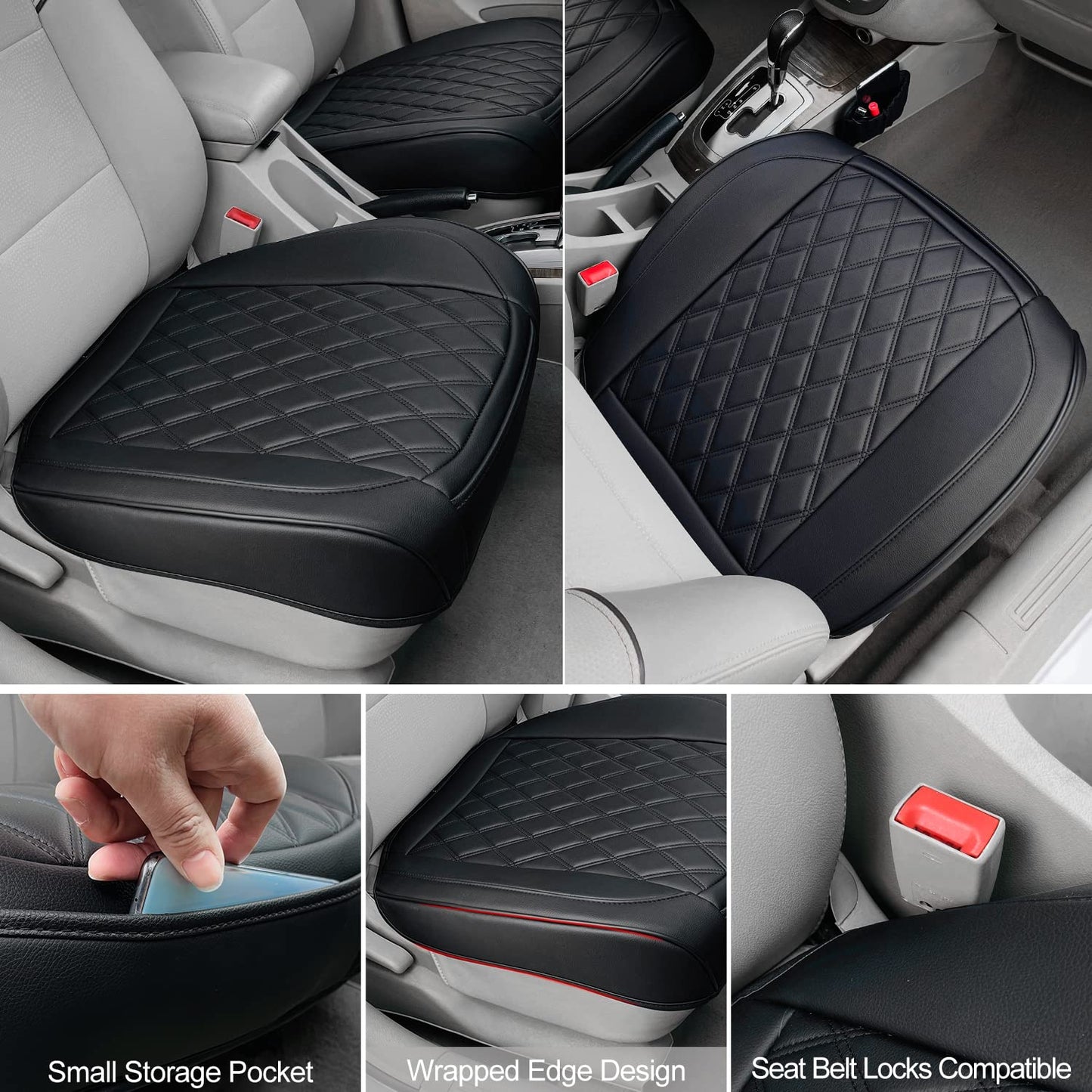 2 Pack Leather Front Car Seat Cover, Anti-Slip and Full Wrap Driver Car Seat Protectors with Storage Pocket, Luxury Waterproof Bottom Auto Seat Cushion Pad Mat for Most Vehicles(Black)
