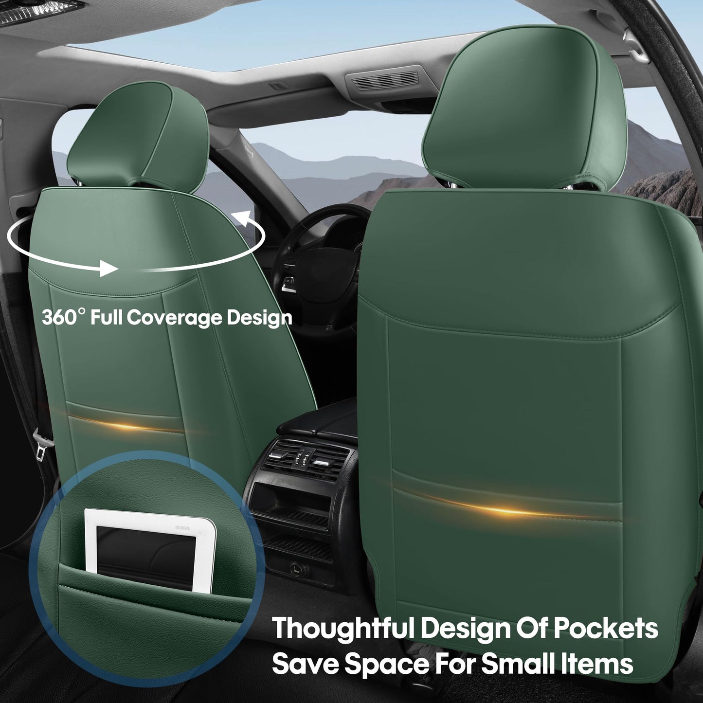 AOOG Car Seat Covers Full Set, Leather Seat Covers for Car, Waterproof Car Seat Protector with Lumbar Support, Automotive Seat Covers Universal Fit for Most Cars SUV Trucks (Full Set, Green&Black)
