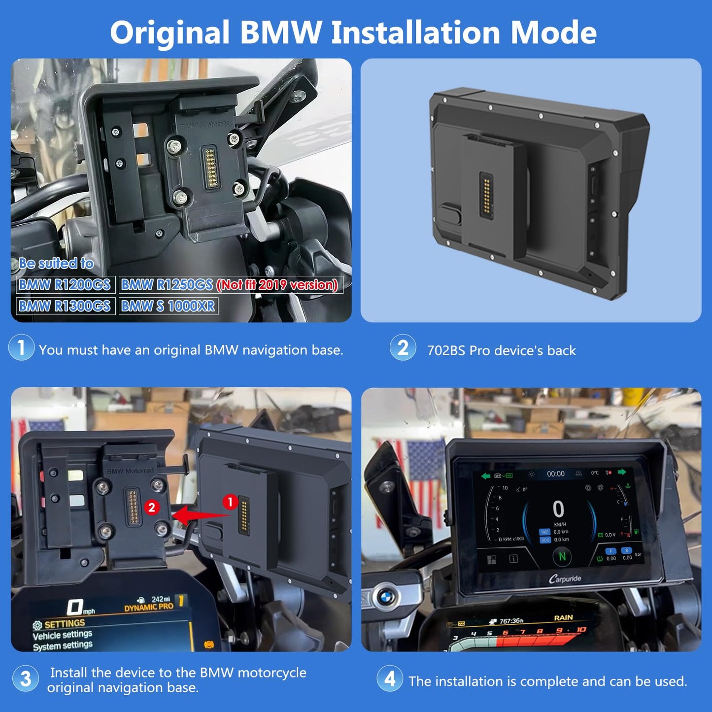 2025 CARPURIDE W702BS PRO for BMW Motorcycle CarPlay & Android Auto Dual Bluetooth, 7" Waterproof GPS Navigation Screen, Data Reading, Native Wonder, TPMS, Light Sensor, Music Sharing, Intercom,16-Pin