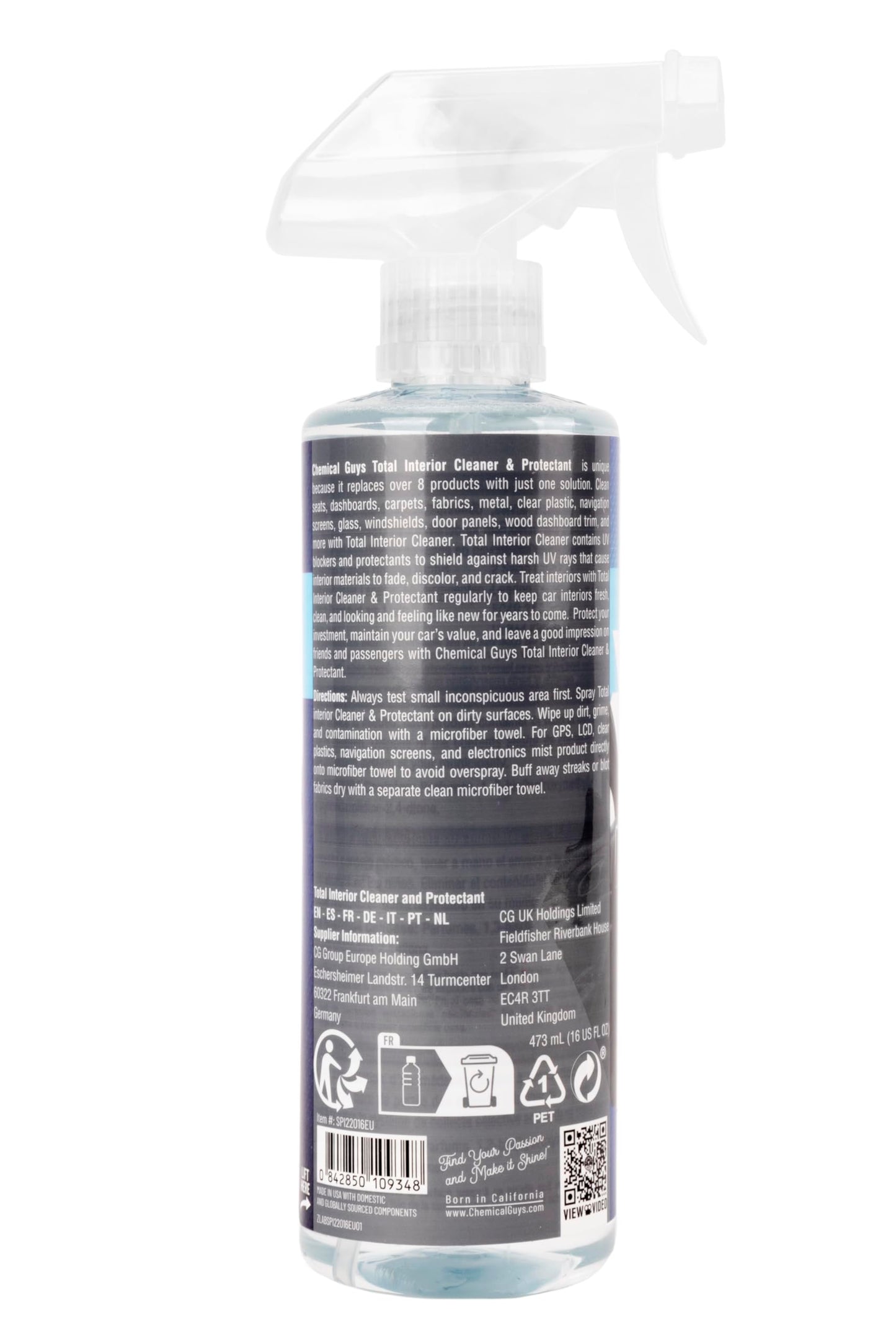 Chemical Guys Total Interior Cleaner & Protectant, Cleans & Protects Leather, Vinyl, Plastic, Rubber & Glass Streak-Free Finish for Cars, Trucks, SUVs, RVs & More - 16 oz