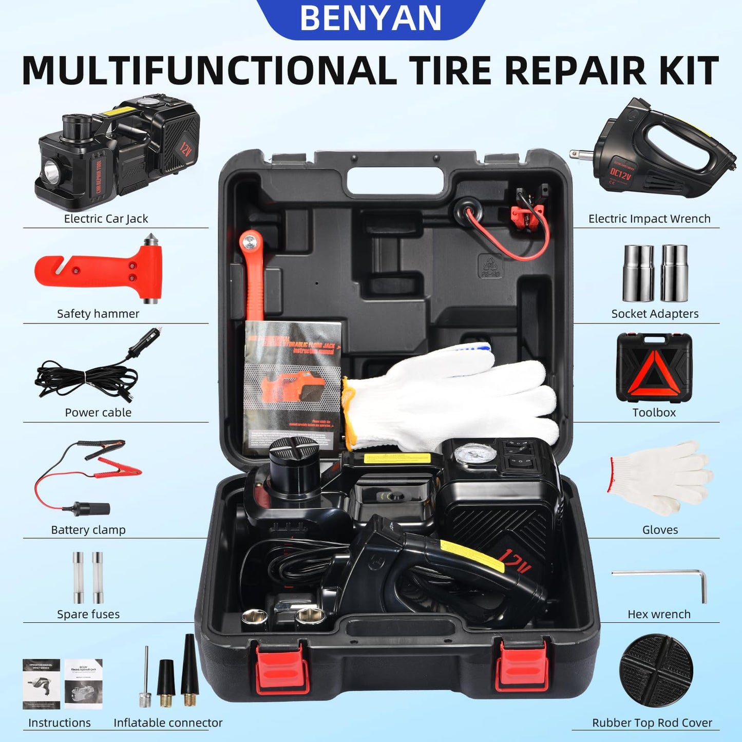 Electric Car Jack kit 5 Ton 12V Electric Floor Jack Lift for Vehicle, Electric Hydraulic Jack Auto Repair Tool Set with Built-in Inflator and Impact Wrench for SUV Sedan Truck Tire Change