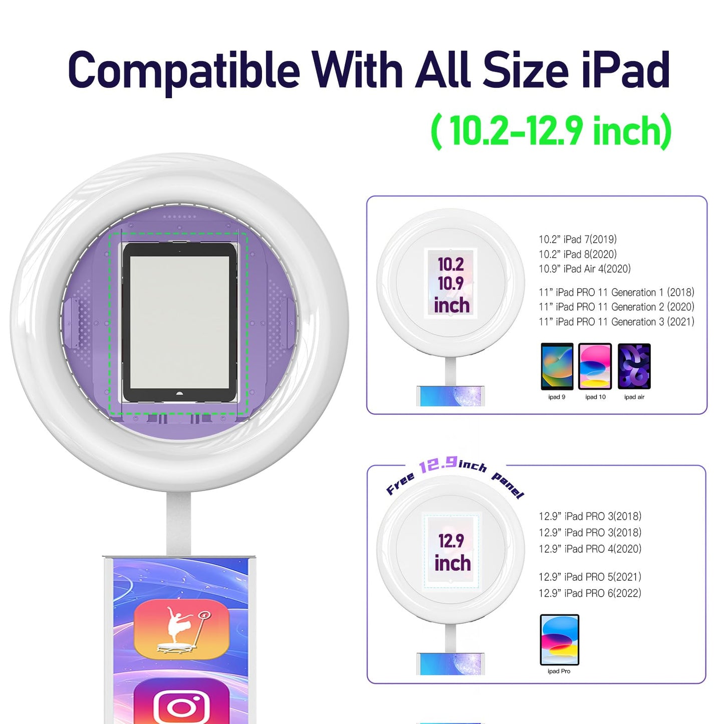 MWE Portable Photo Booth Machine Stand Compatible with Any Ipad with Software APP and Remote Control, RGB Ring Lights Music Sync, Free Custom Logo,ChackTok VIP (White, Light Box-Honeycomb Case)