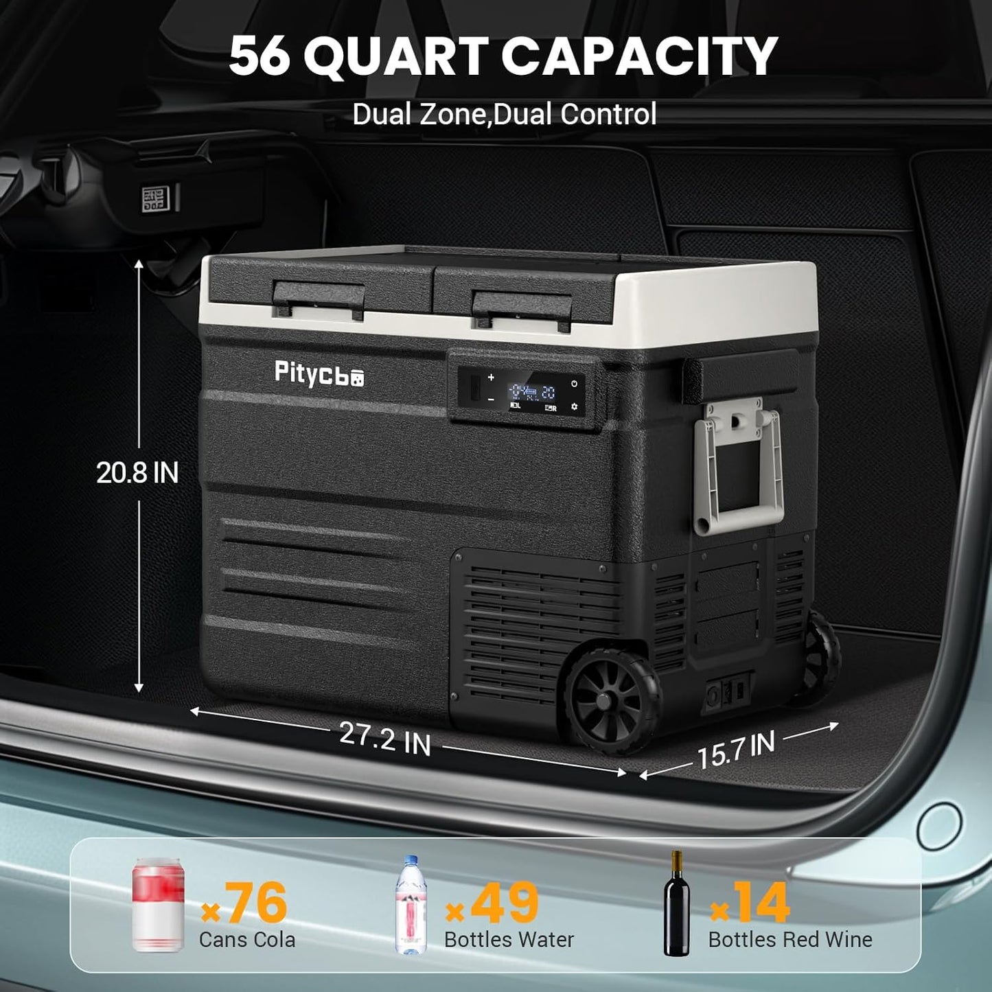 Pitycbo Car Refrigerator 12v Portable Fridge for Car, Auto 56 Quart Dual Zone Freezer Compressor Cooler, -4℉—68℉ 12/24V DC 100~240 Volt AC for Truck, Camping, Travel, Vehicles, RV