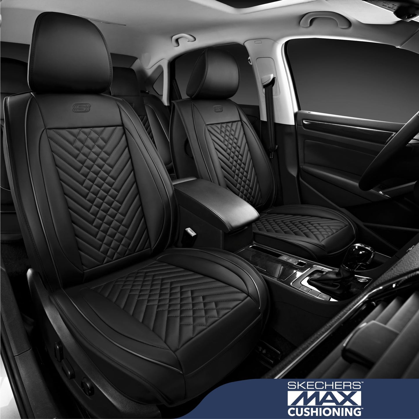 Skechers Car Seat Covers,MAX Cushioning Memory Foam Piping Leather Seat Covers,Waterproof Car Seat Protector Full Set,Car Seat Cushion Airbag Universal Fit for Most Cars,Vans,Trucks,SUV,Black