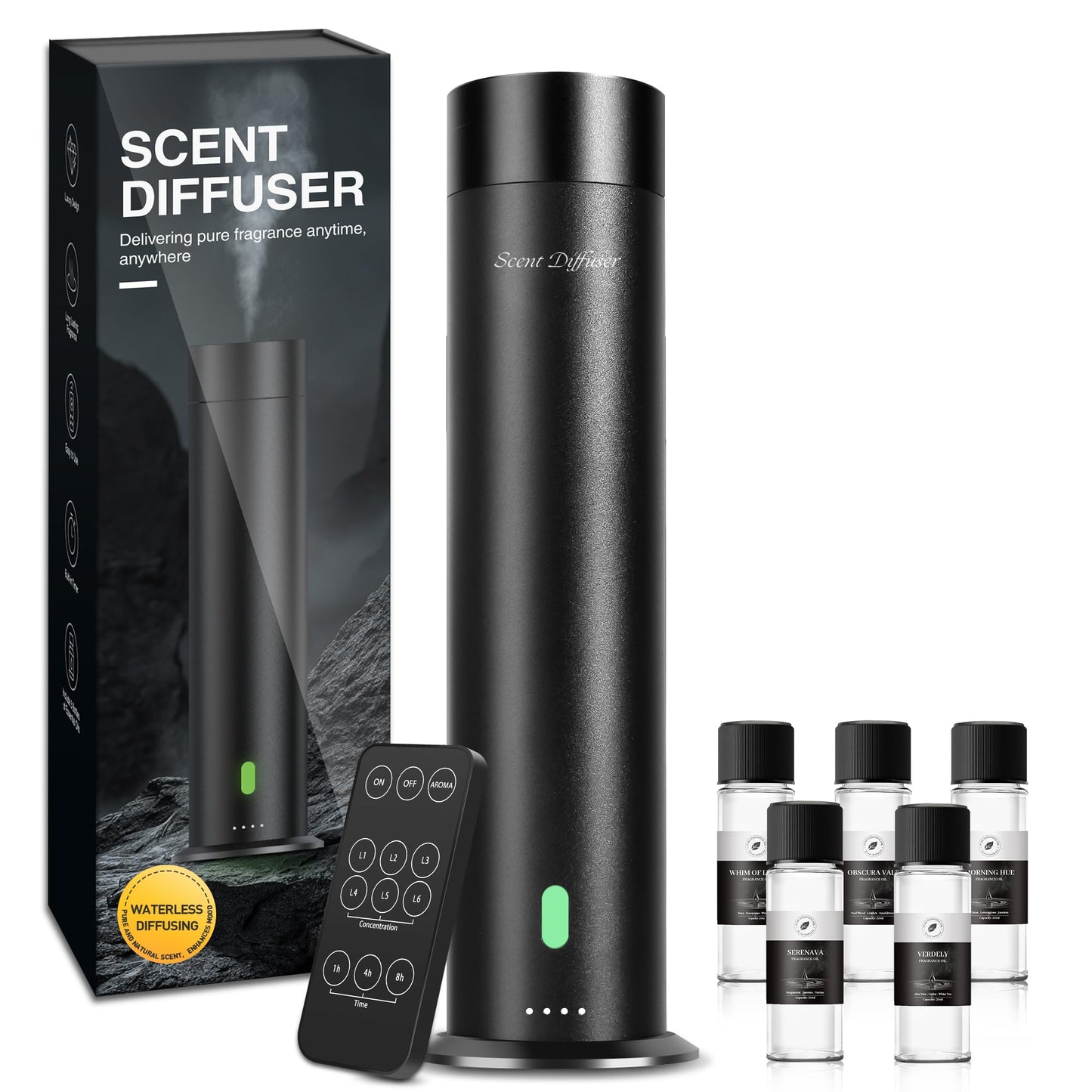 Waterless Scent Diffuser Starter Kit - 800 Sq Ft Coverage, Hotel Scent Diffuser, Essential Oil Diffuser Large Room, Included 5 Scent Oils, Remote Control, Black, 11.20In