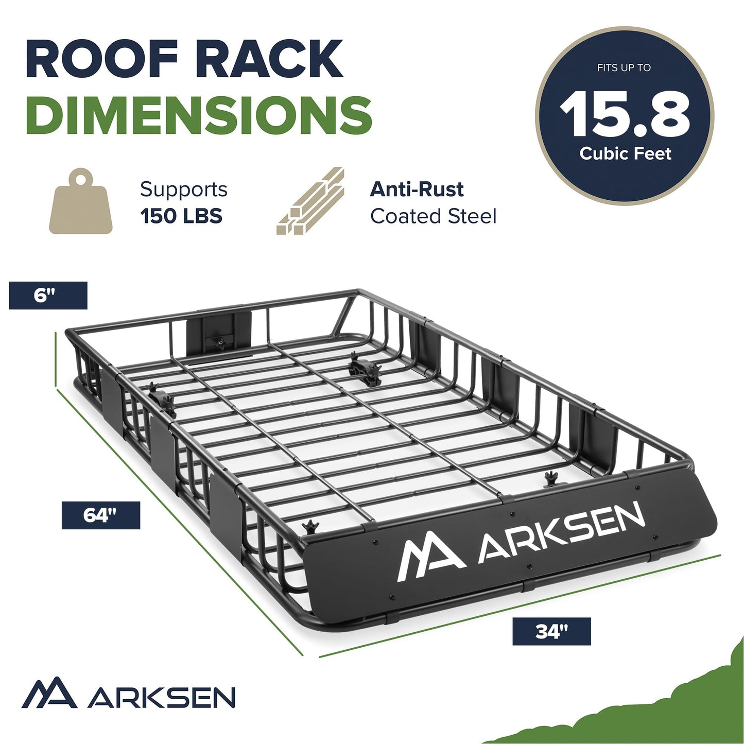 ARKSEN 64 x 34 x 6 Inch Universal Roof Rack with Extension, 600D Waterproof Bag, 2 Ratchet Straps&Net, 150 LBS Capacity Heavy Duty Rooftop Cargo Basket for SUV, Truck, RV, Pickup