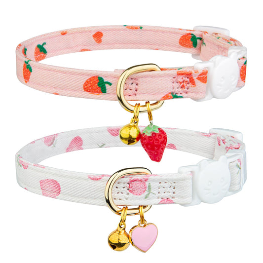 2 Pack Cotton Breakaway Cat Collar Pink Strawberries and White Heart Shaped Pendant Cute Kitten Cat Collar with Bell