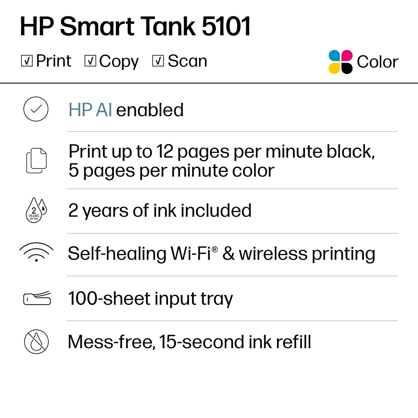 HP Smart Tank 5101 Wireless All-in-One Ink Tank Printer, Scanner, Copier with 2 years of ink and 100 sheets of photo paper included, Best-for-home, Refillable, AI-enabled (1F3Y0A)