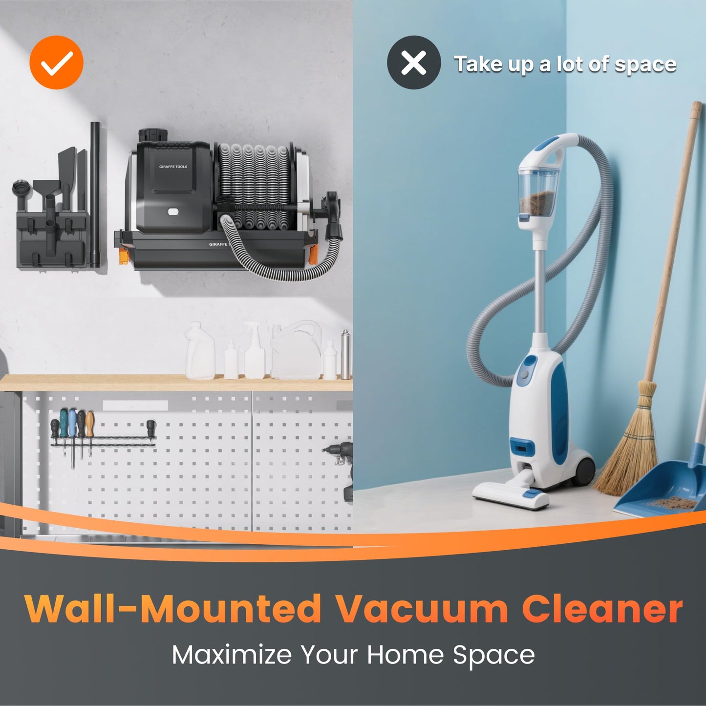 Giraffe Tools Grandstorm Retractable Vacuum Cleaner with 30 FT Hose Wall Mounted, Wet Dry Vacuum Cleaner with 6 Nozzles for Car Detailing Normal Version, Grey (No Remote Control Function)