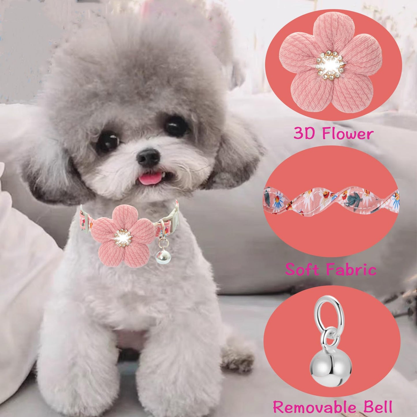 Small Dog Collar with Flower, Puppy Collar for Girl Dog Collars for Small Dogs Cute Dog Collar with Bell, Adjustable Length