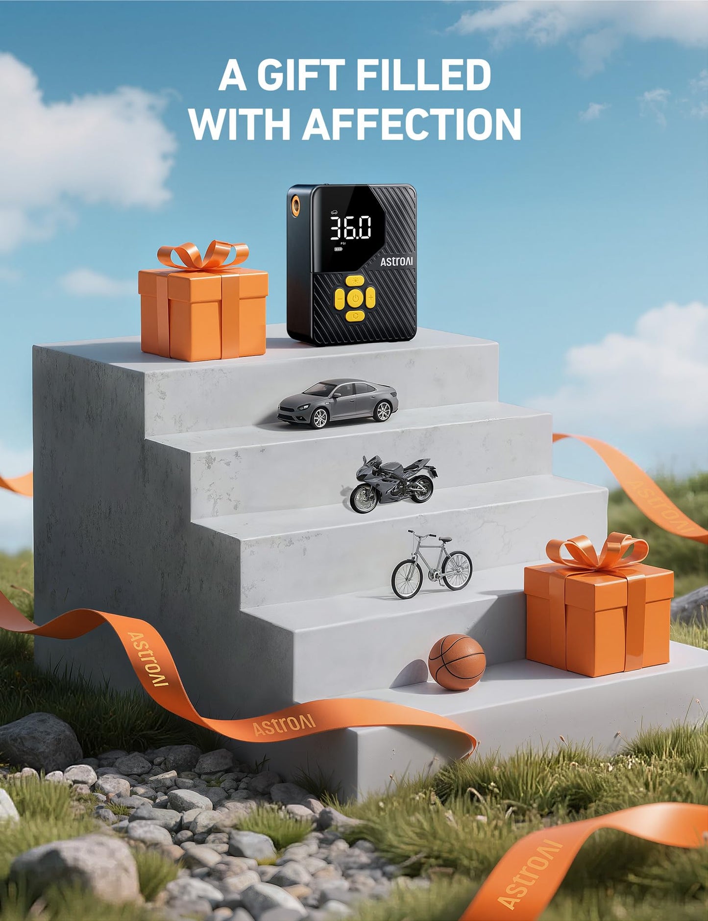 AstroAI L7 Mini Tire Inflator Portable Air Compressor,150 PSI Cordless Car Tires Air Pump with LED Lights&Pressure Gauge,Auto Shut-Off - Tire Pump for Auto,Motorcycle, Bicycle, Ball Yellow